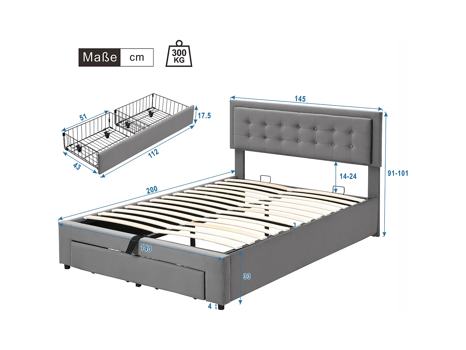 Cama de arrumação para adulto 140x200cm com 2 gavetas, estofada em veludo, grande espaço de arrumação, estilo contemporâneo, cinza