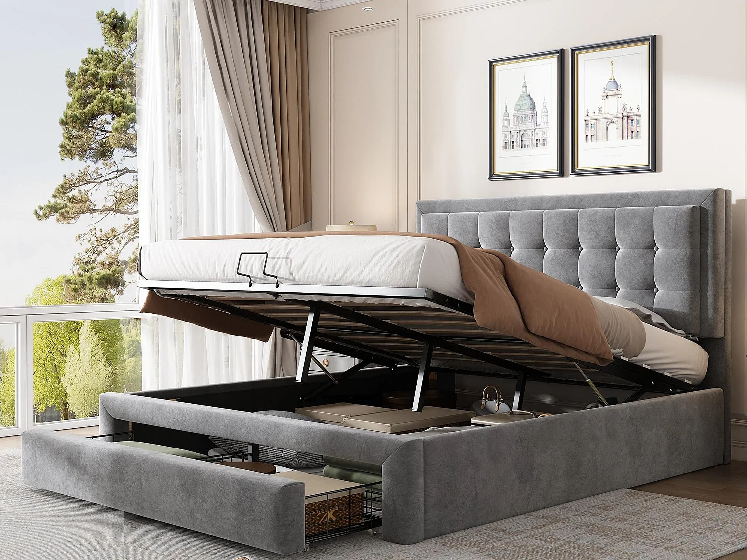 Opbergbed voor volwassenen 140x200cm met 2 laden, bekleed met fluweel, grote opbergruimte, eigentijdse stijl, grijs