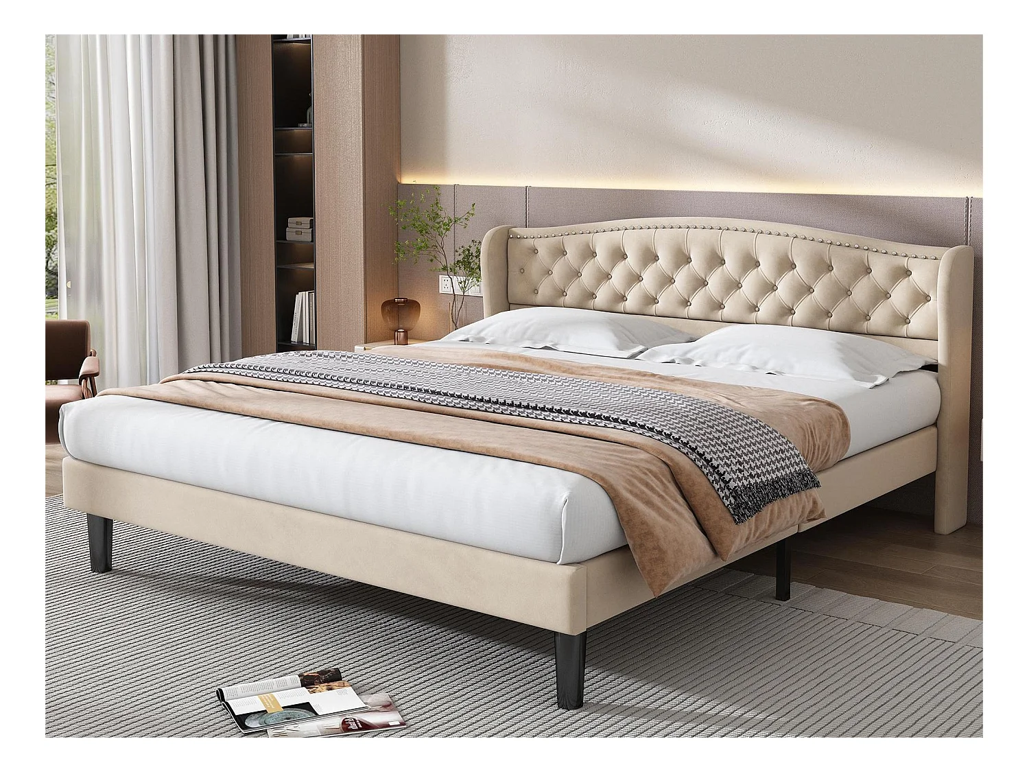 Lit coffre 180 x 200 cm - lit adulte en velours avec sommier à lattes et tête de lit - style scandinave - coloris beige