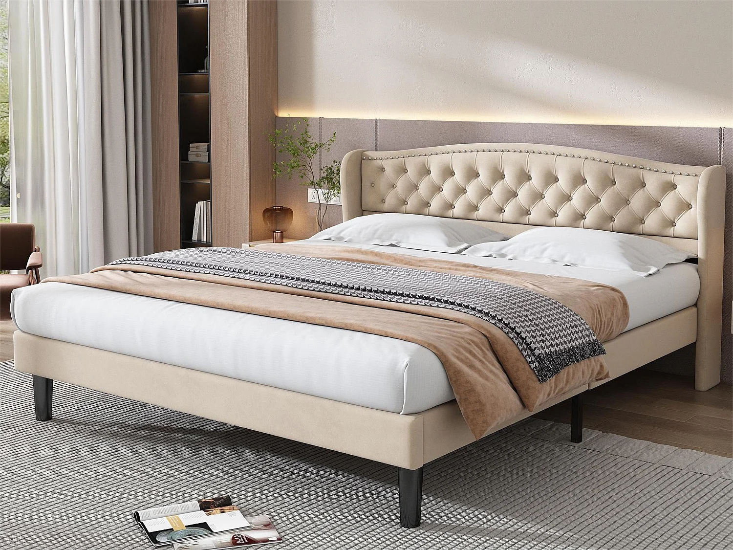Lit coffre 180 x 200 cm - lit adulte en velours avec sommier à lattes et tête de lit - style scandinave - coloris beige