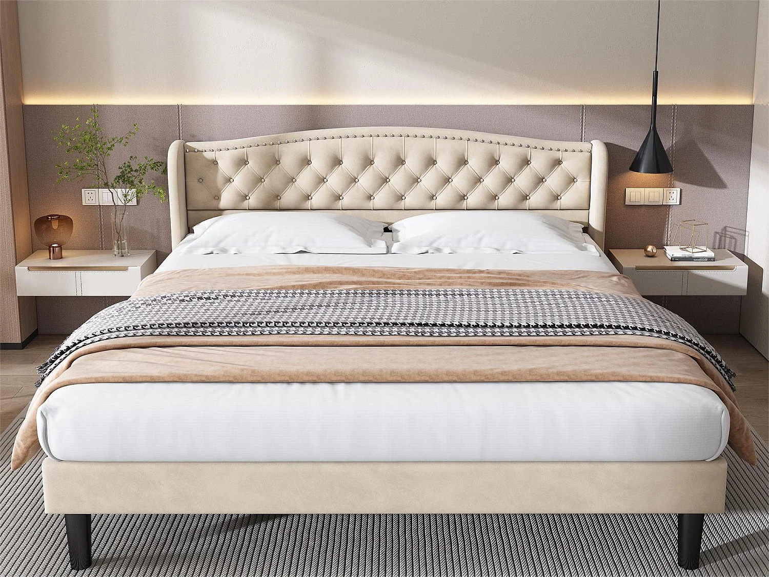 Lit coffre 180 x 200 cm - lit adulte en velours avec sommier à lattes et tête de lit - style scandinave - coloris beige