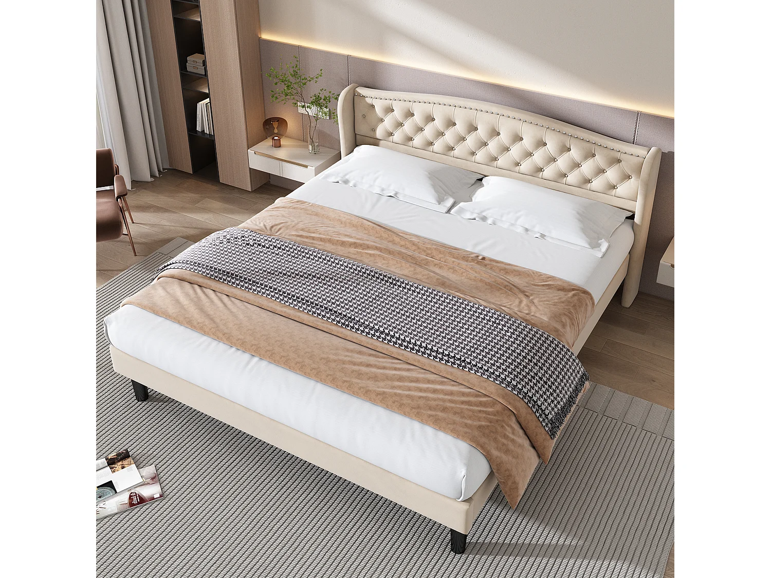 Lit coffre 180 x 200 cm - lit adulte en velours avec sommier à lattes et tête de lit - style scandinave - coloris beige