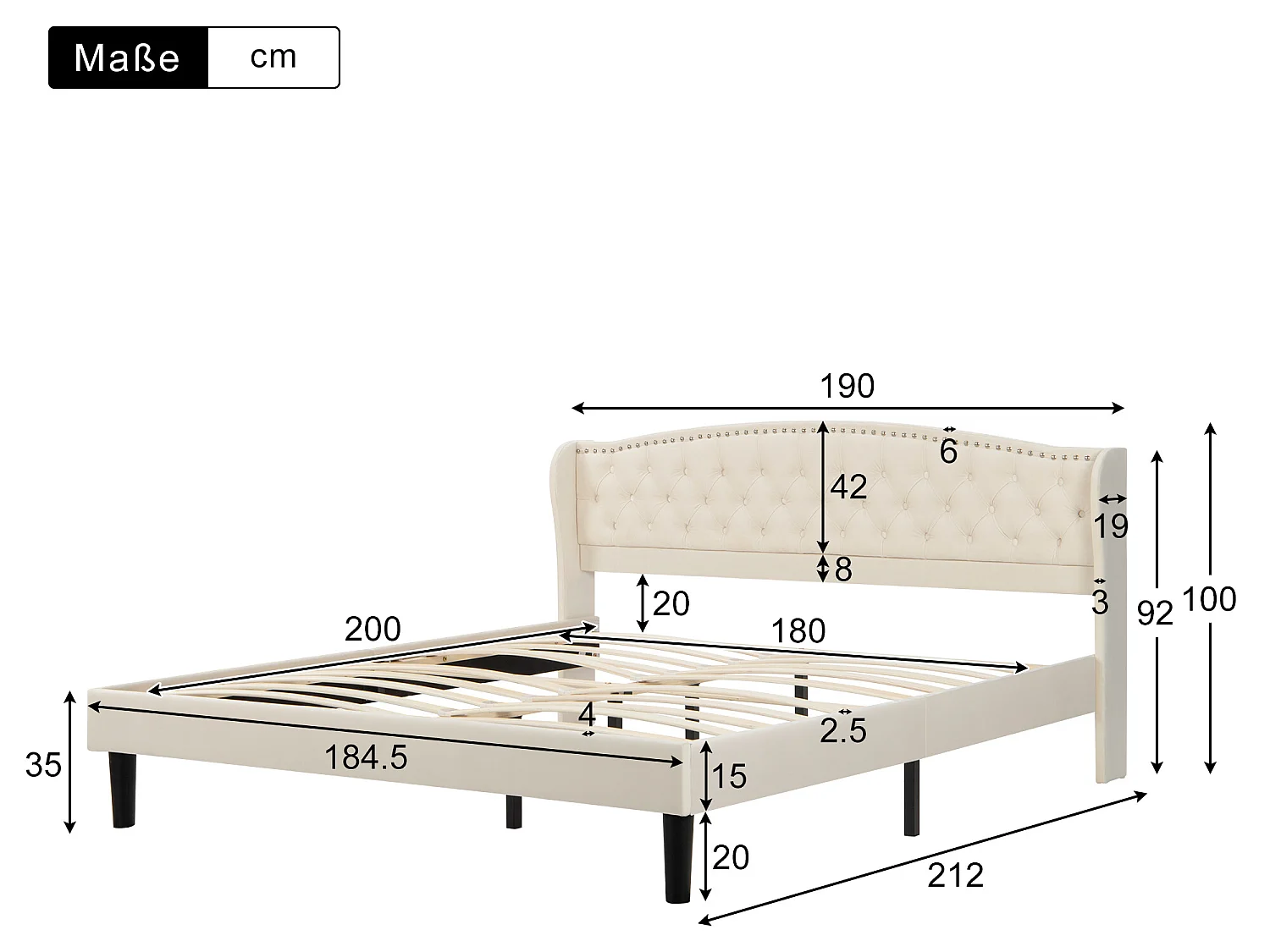 Lit coffre 180 x 200 cm - lit adulte en velours avec sommier à lattes et tête de lit - style scandinave - coloris beige