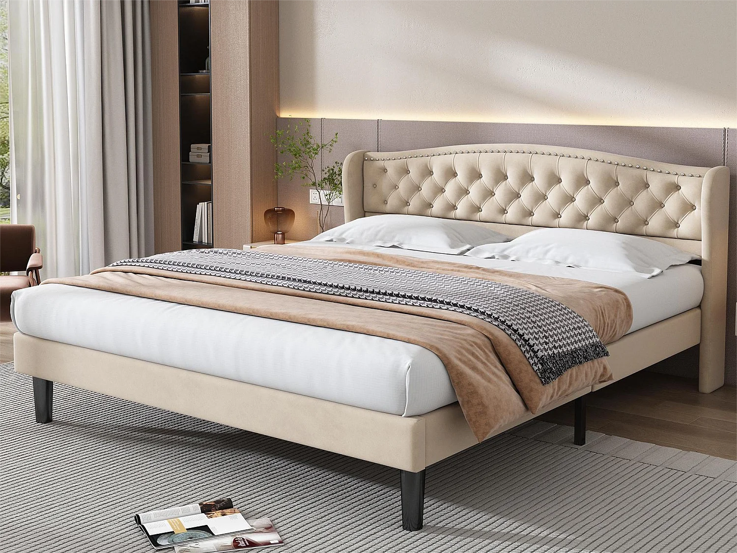 Lit coffre 180 x 200 cm - lit adulte en velours avec sommier à lattes et tête de lit - style scandinave - coloris beige