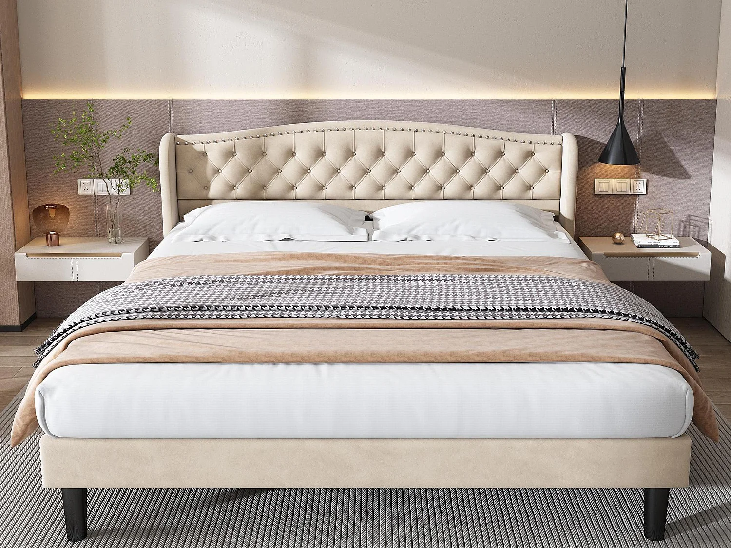 Lit coffre 180 x 200 cm - lit adulte en velours avec sommier à lattes et tête de lit - style scandinave - coloris beige