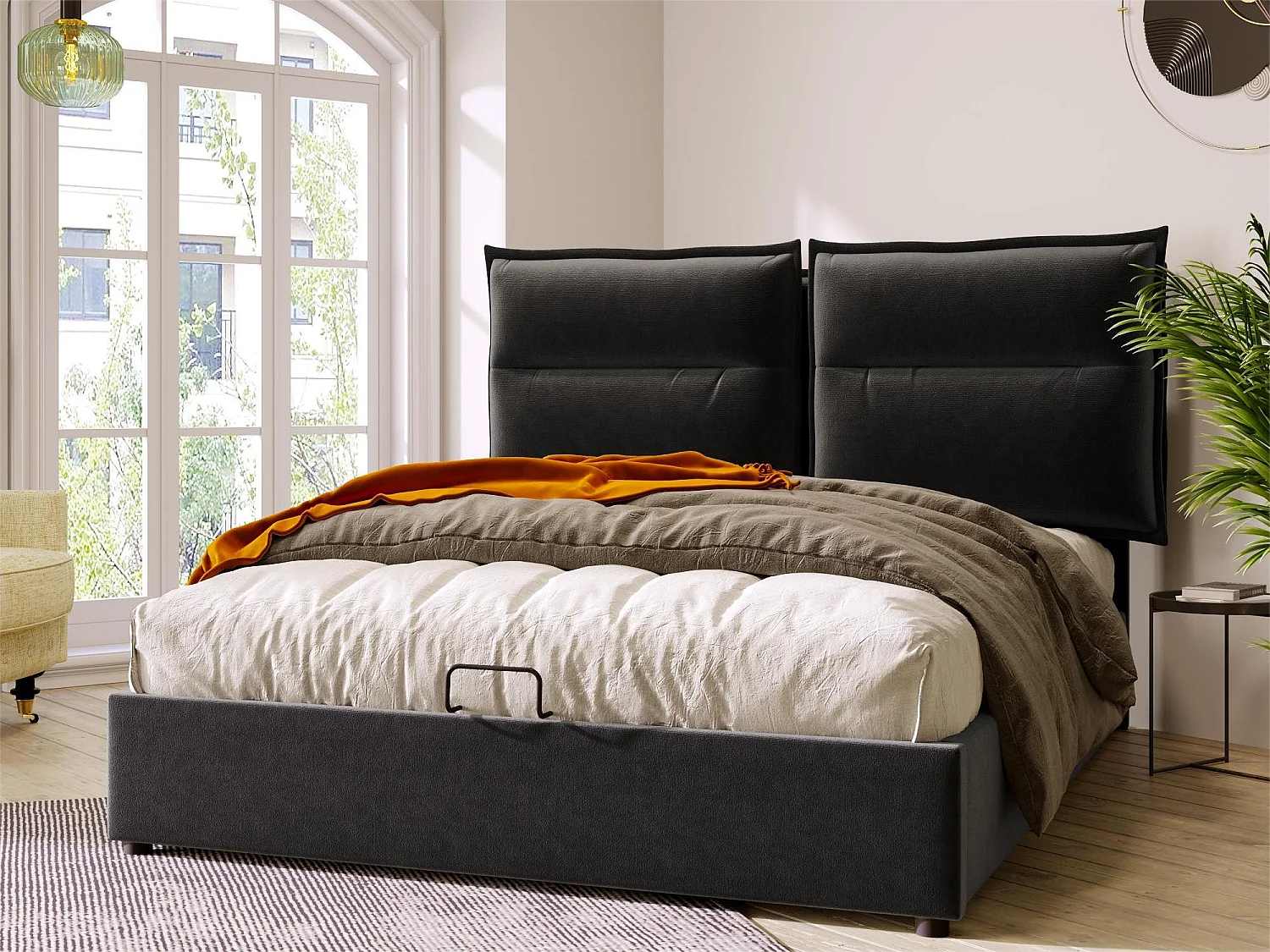 Stauraumbett mit Kopfteil – 140 x 200 cm – Samtstoff – Lattenrost – Schwarz