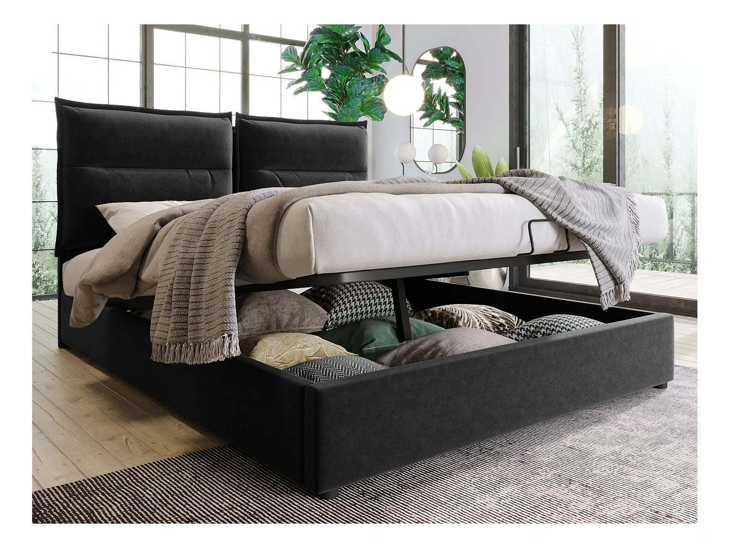 Opbergbed met hoofdeinde - 140 x 200 cm - fluwelen stof - lattenbodem - zwart