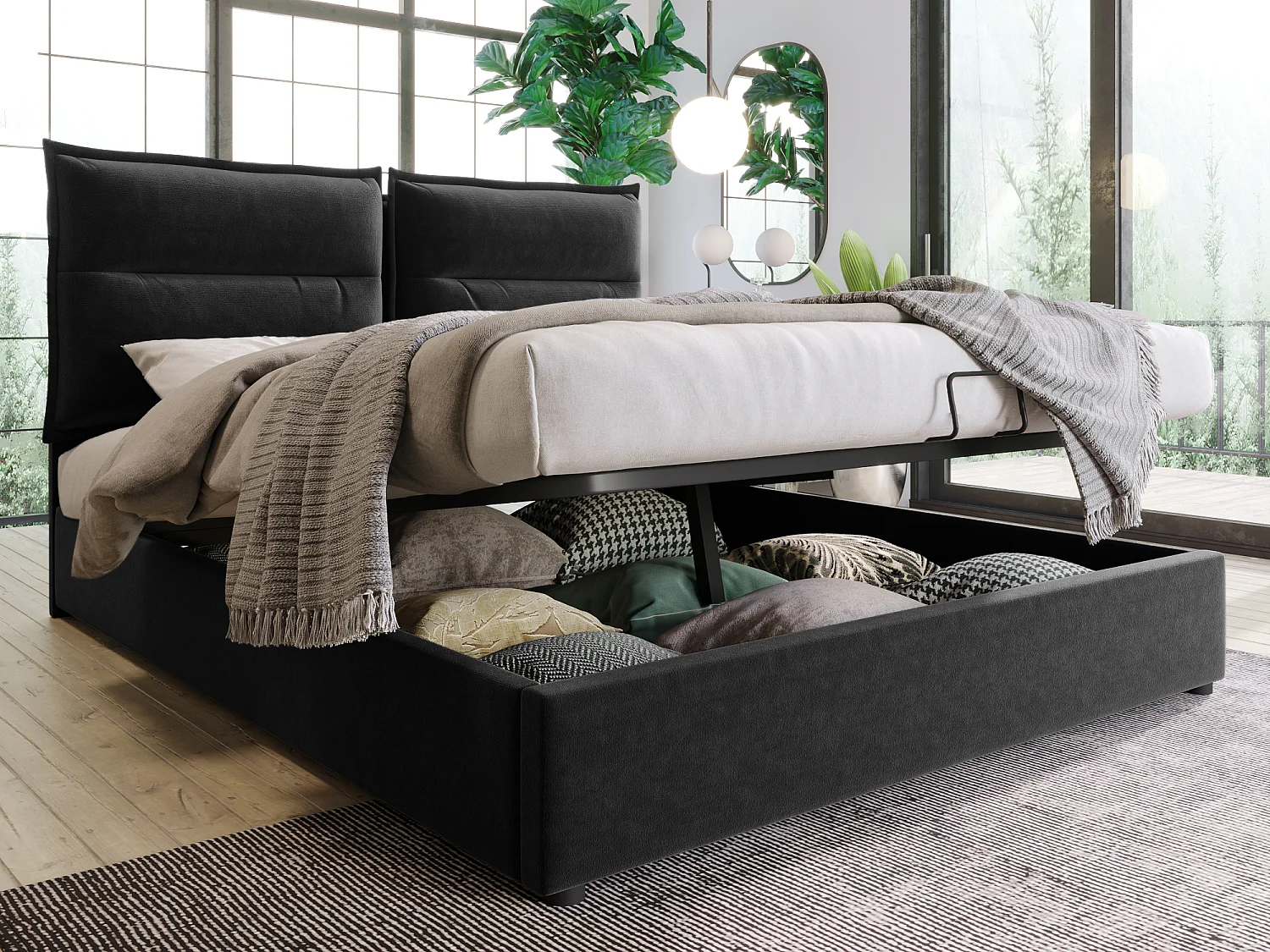 Stauraumbett mit Kopfteil – 140 x 200 cm – Samtstoff – Lattenrost – Schwarz