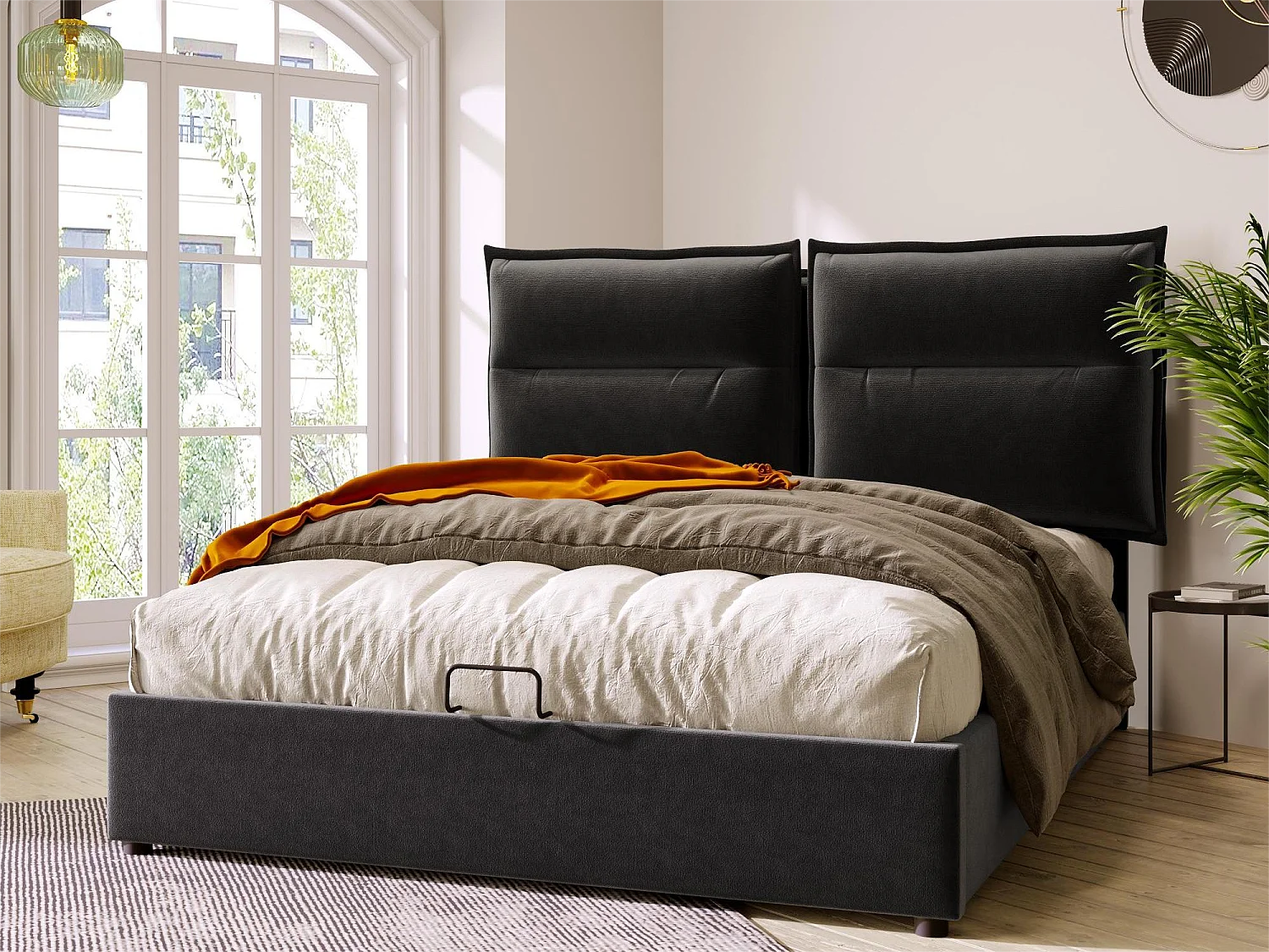 Stauraumbett mit Kopfteil – 140 x 200 cm – Samtstoff – Lattenrost – Schwarz