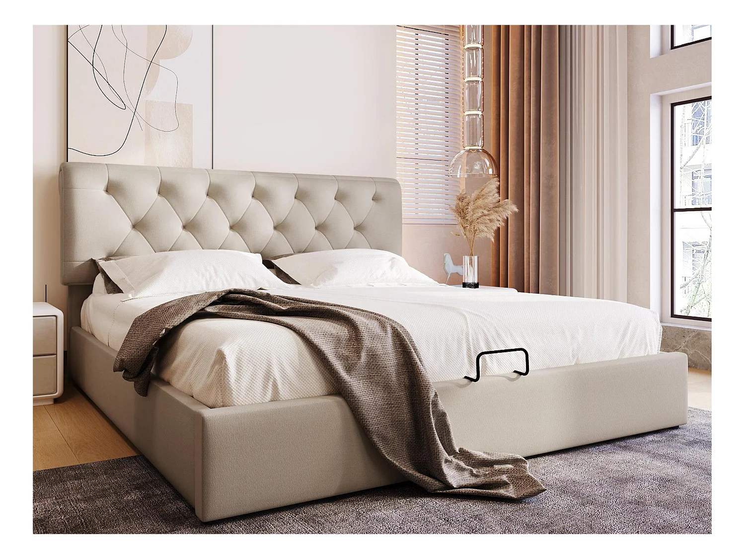 Lit coffre avec rangement - 140 x 200 cm - tissu lin - sommier à lattes - coloris naturel