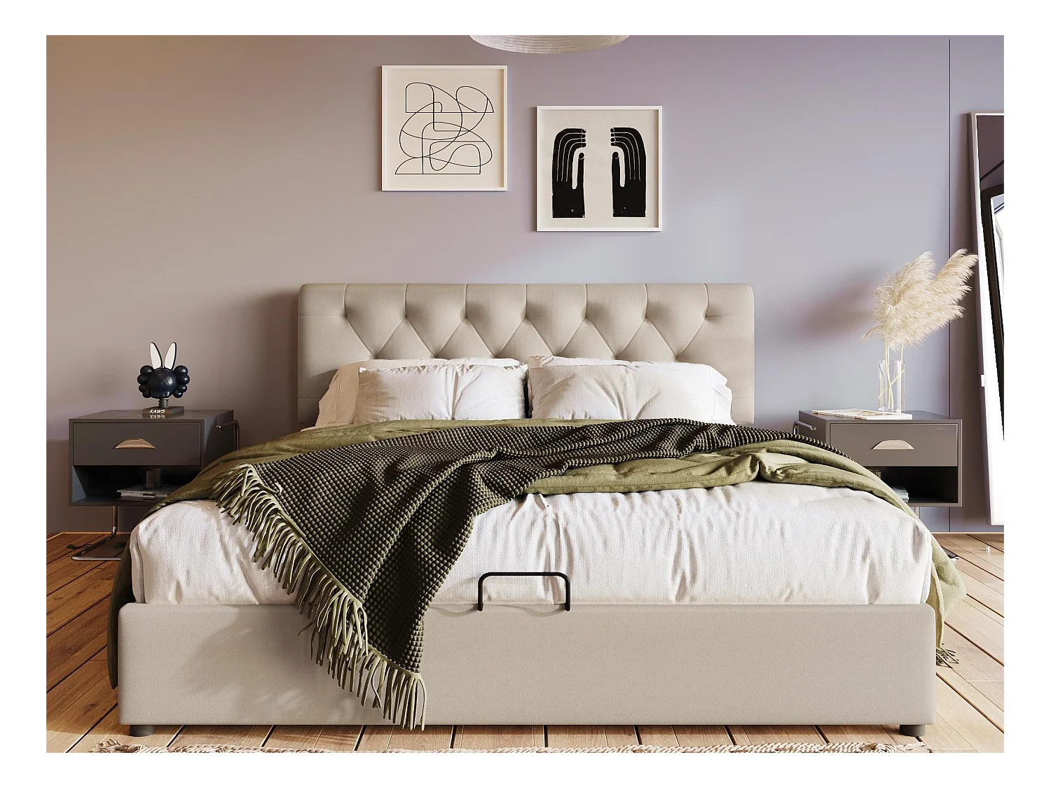 Lit coffre avec rangement - 140 x 200 cm - tissu lin - sommier à lattes - coloris naturel