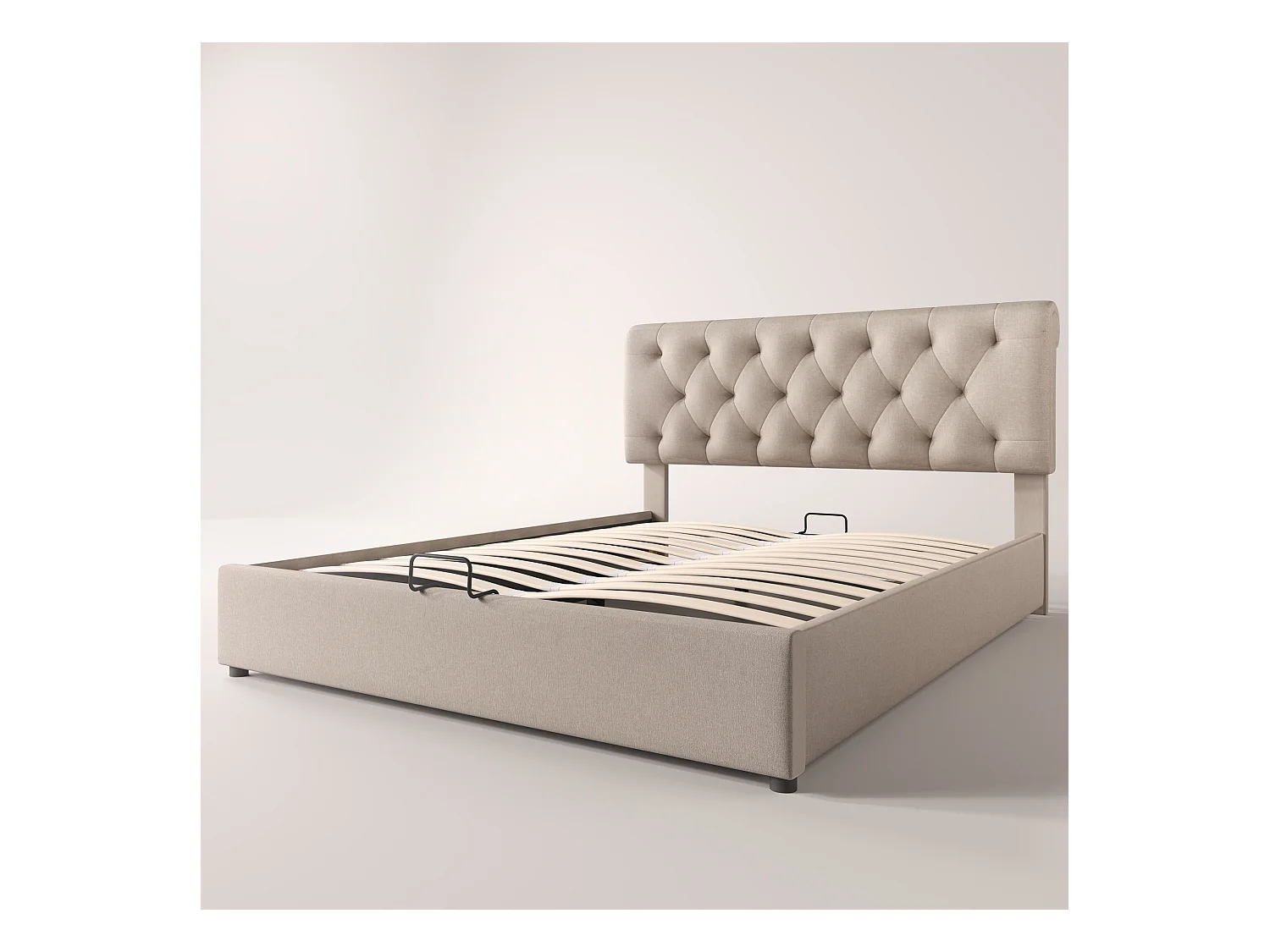 Lit coffre avec rangement - 140 x 200 cm - tissu lin - sommier à lattes - coloris naturel