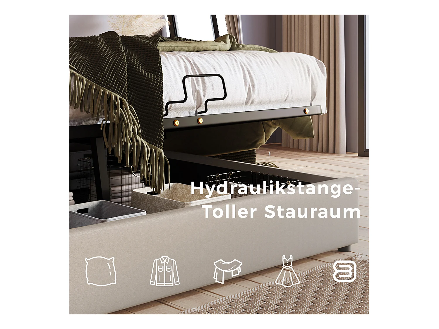 Lit coffre avec rangement - 140 x 200 cm - tissu lin - sommier à lattes - coloris naturel