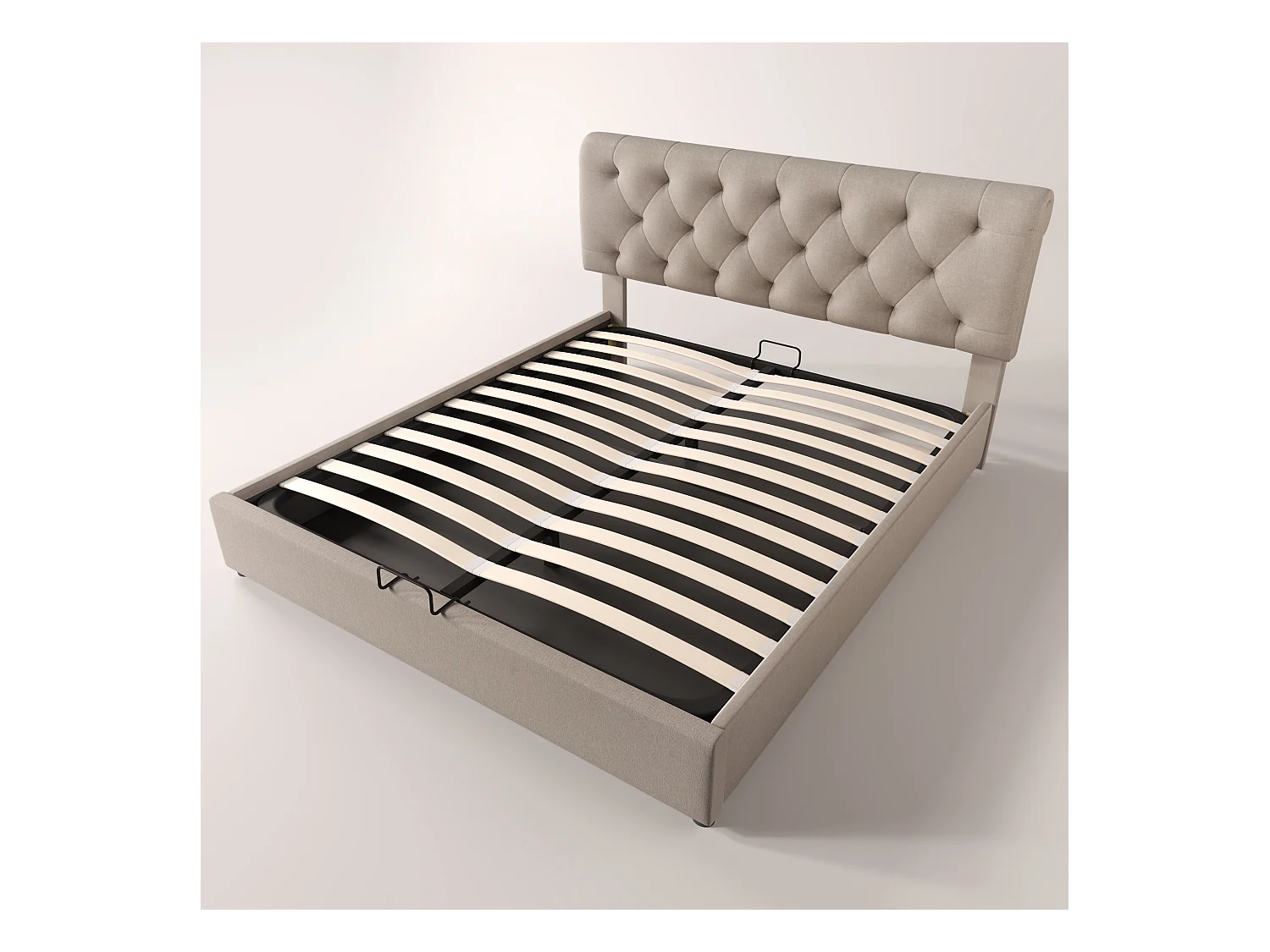 Lit coffre avec rangement - 140 x 200 cm - tissu lin - sommier à lattes - coloris naturel