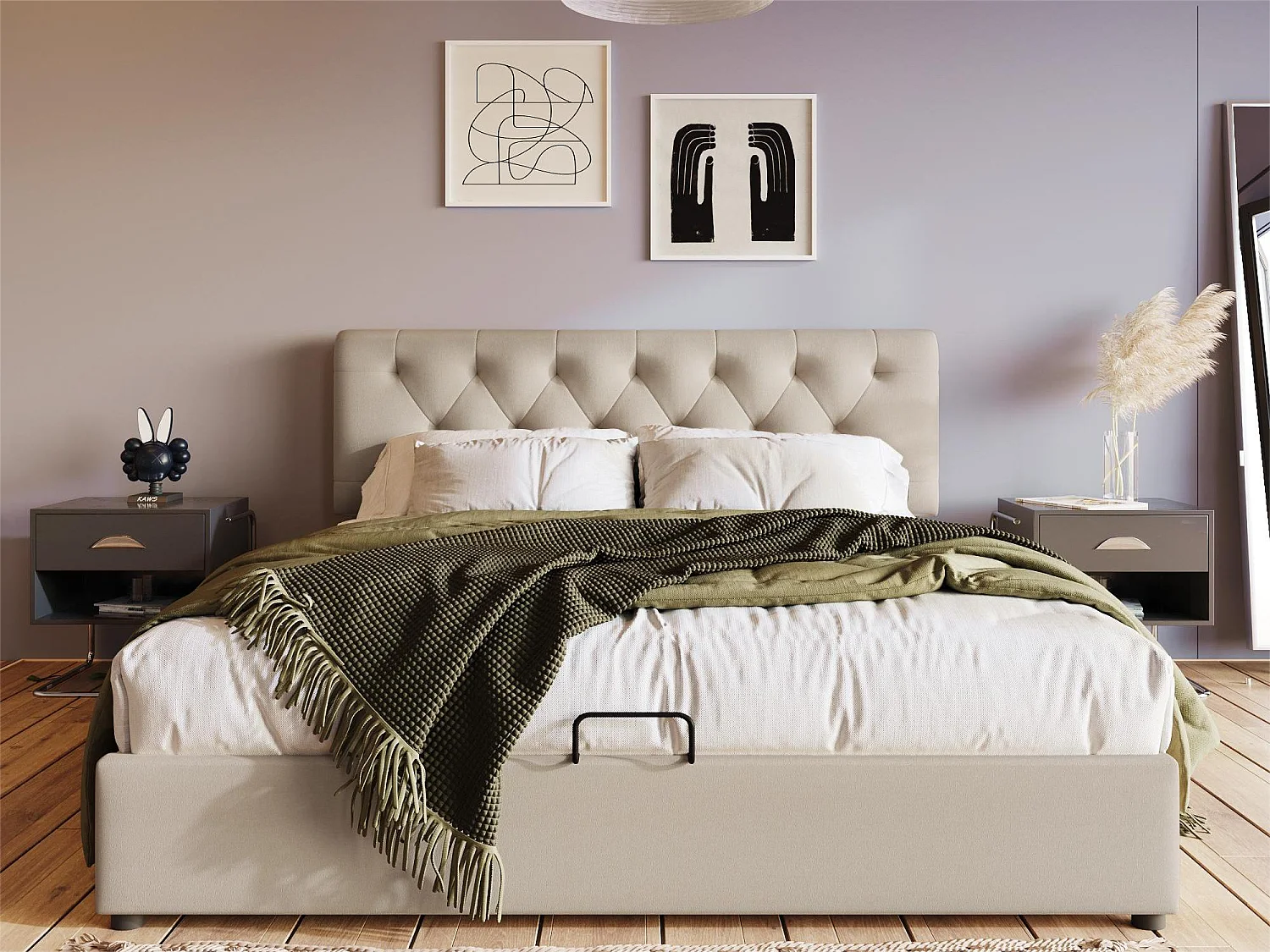 Lit coffre avec rangement - 140 x 200 cm - tissu lin - sommier à lattes - coloris naturel