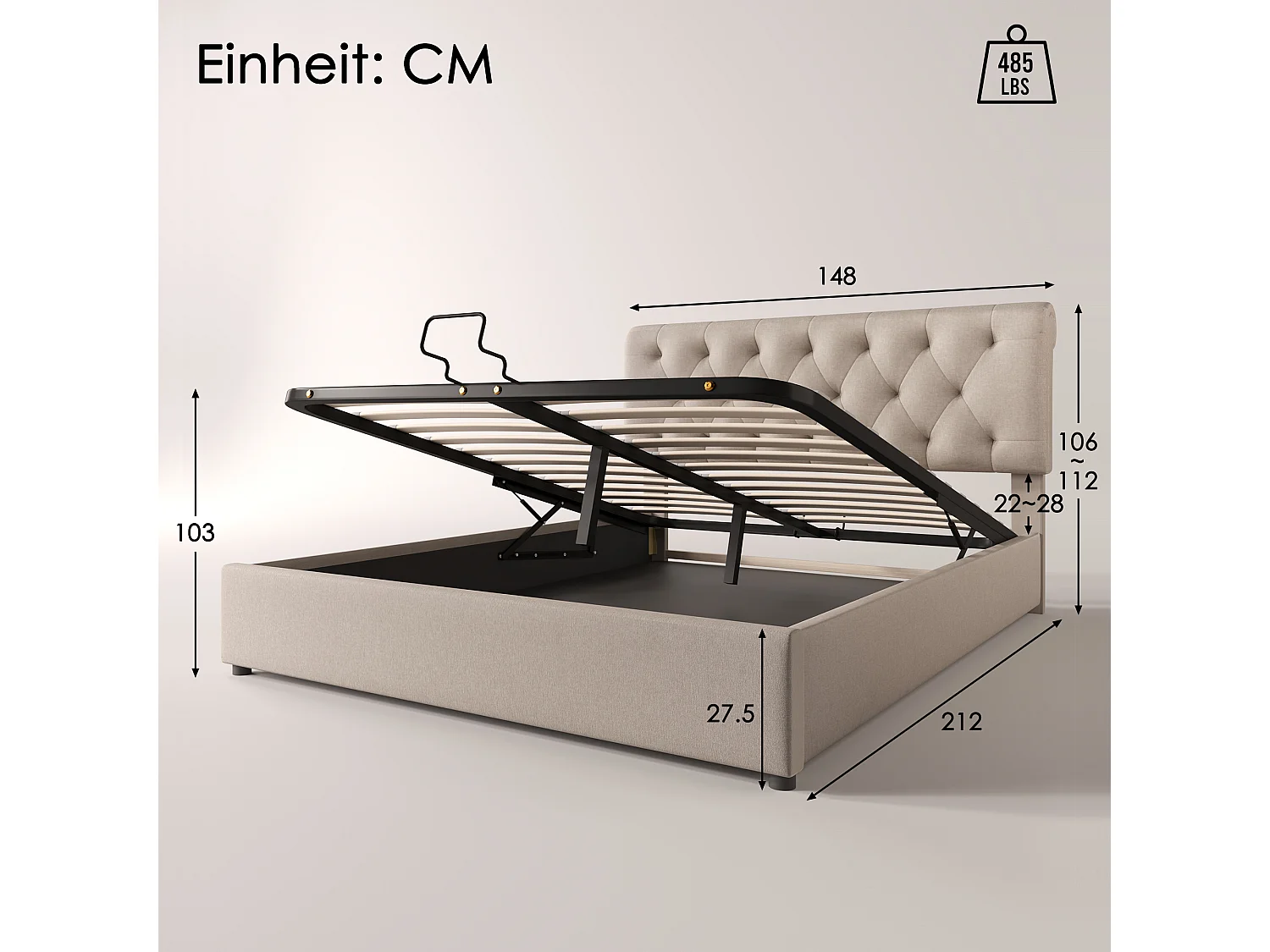 Opbergbed met opbergruimte - 140 x 200 cm - linnen stof - lattenbodem - natuurlijke kleur
