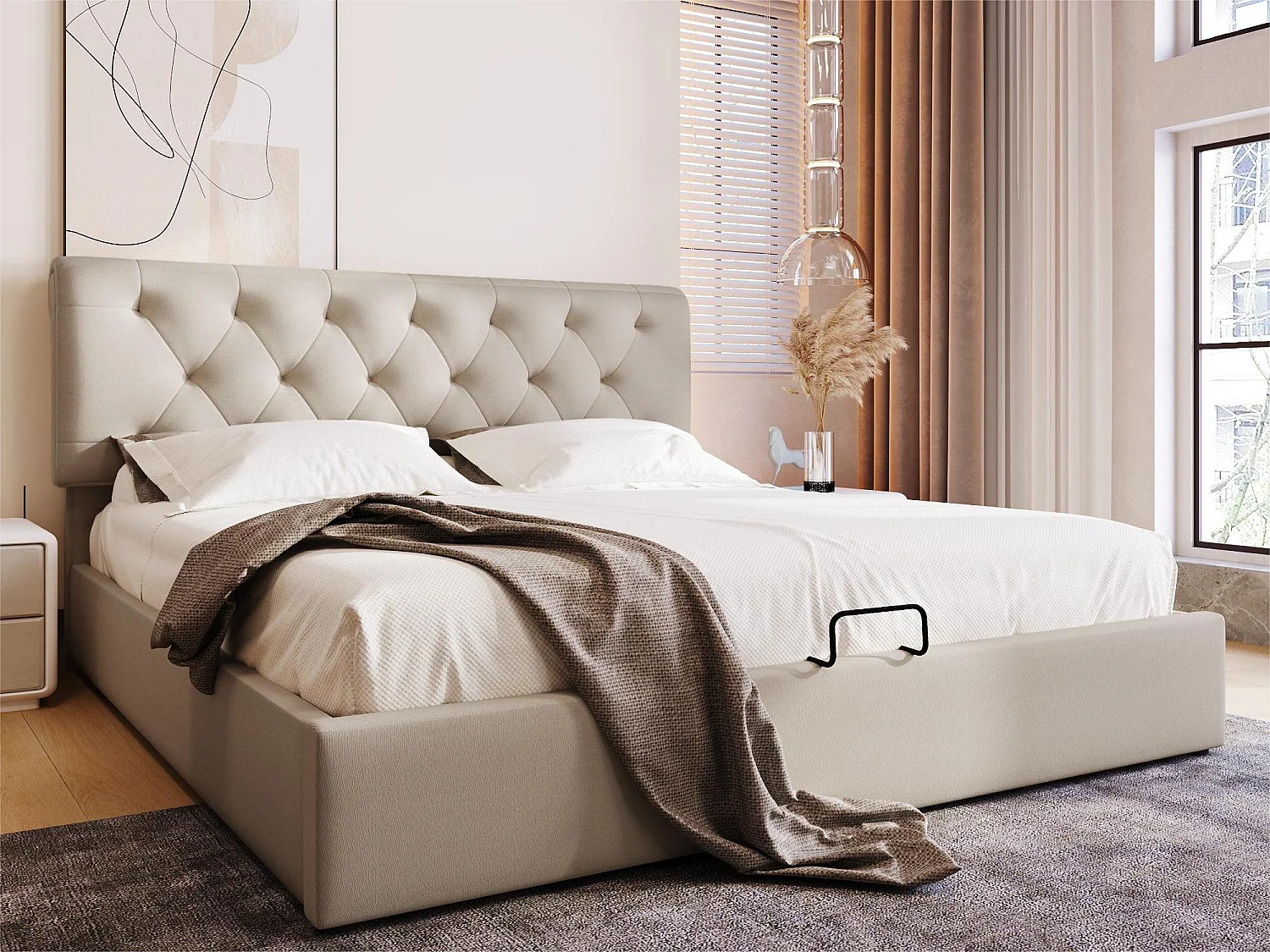 Opbergbed met opbergruimte - 140 x 200 cm - linnen stof - lattenbodem - natuurlijke kleur