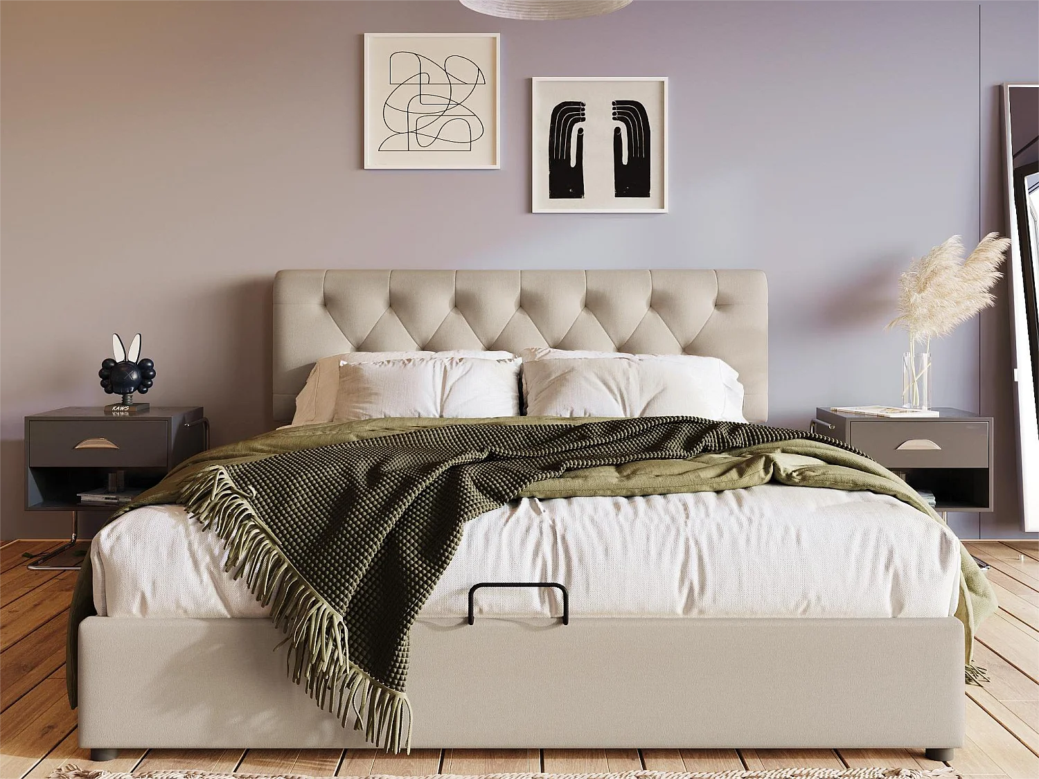 Opbergbed met opbergruimte - 140 x 200 cm - linnen stof - lattenbodem - natuurlijke kleur