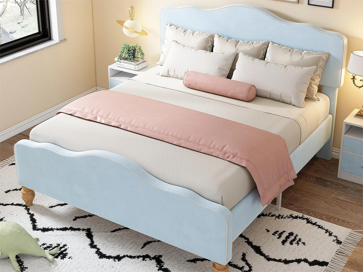 Ensemble lit avec 2 chevets 140 x 200 cm + Sommier - Tissu velours et bois - Coloris : bleu