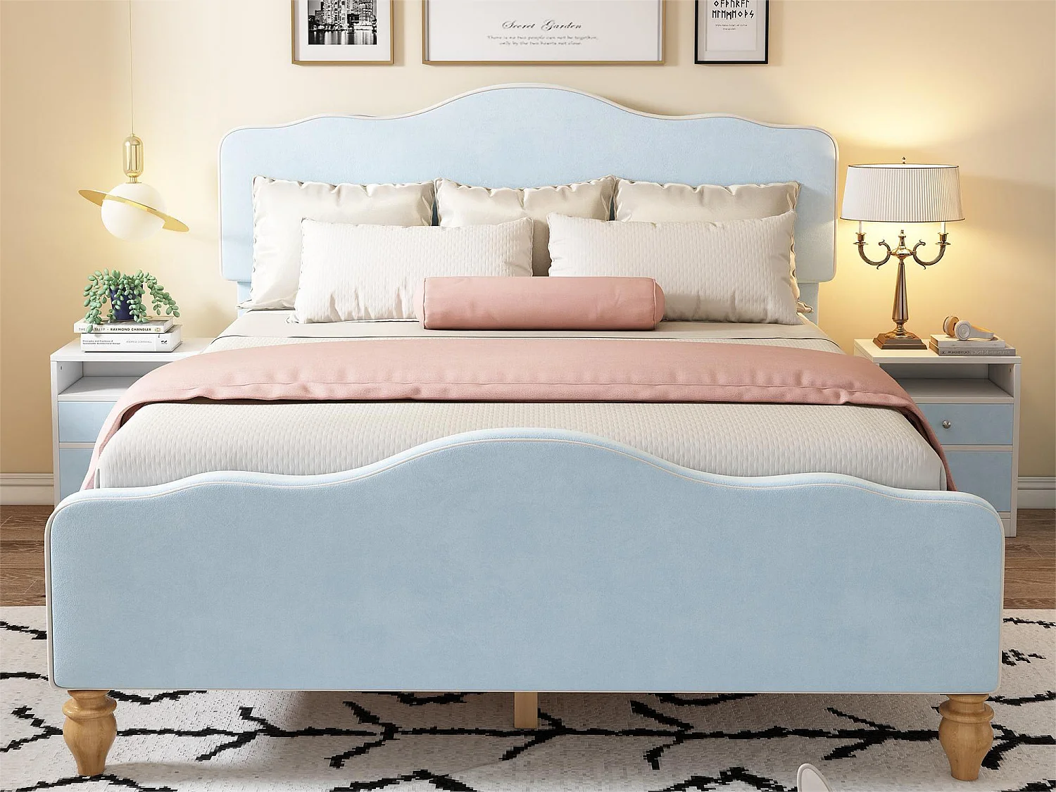 Ensemble lit avec 2 chevets 140 x 200 cm + Sommier - Tissu velours et bois - Coloris : bleu