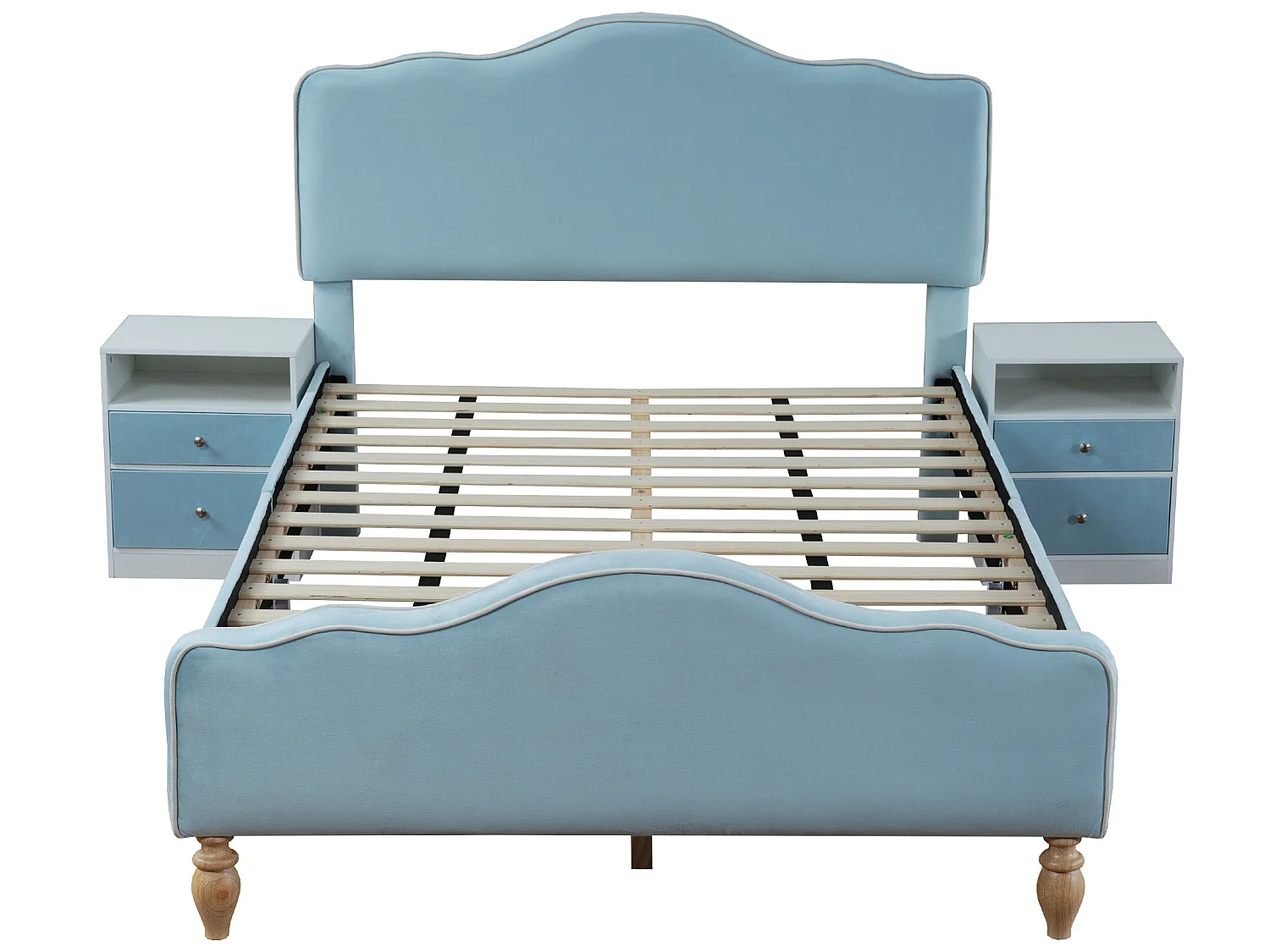 Ensemble lit avec 2 chevets 140 x 200 cm + Sommier - Tissu velours et bois - Coloris : bleu