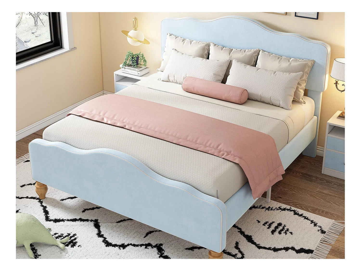 Bettset mit 2 Nachttischen 140 x 200 cm + Boxspring – Samtstoff und Holz – Farbe: Blau