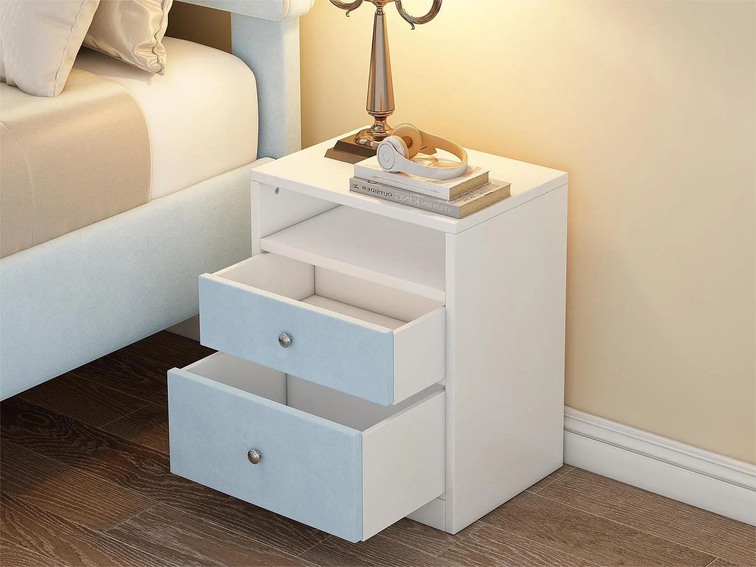 Ensemble lit avec 2 chevets 140 x 200 cm + Sommier - Tissu velours et bois - Coloris : bleu