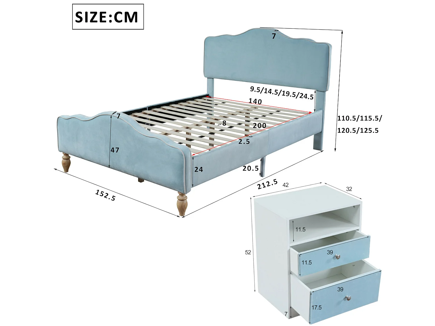 Ensemble lit avec 2 chevets 140 x 200 cm + Sommier - Tissu velours et bois - Coloris : bleu