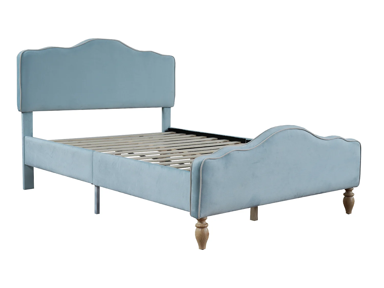 Ensemble lit avec 2 chevets 140 x 200 cm + Sommier - Tissu velours et bois - Coloris : bleu