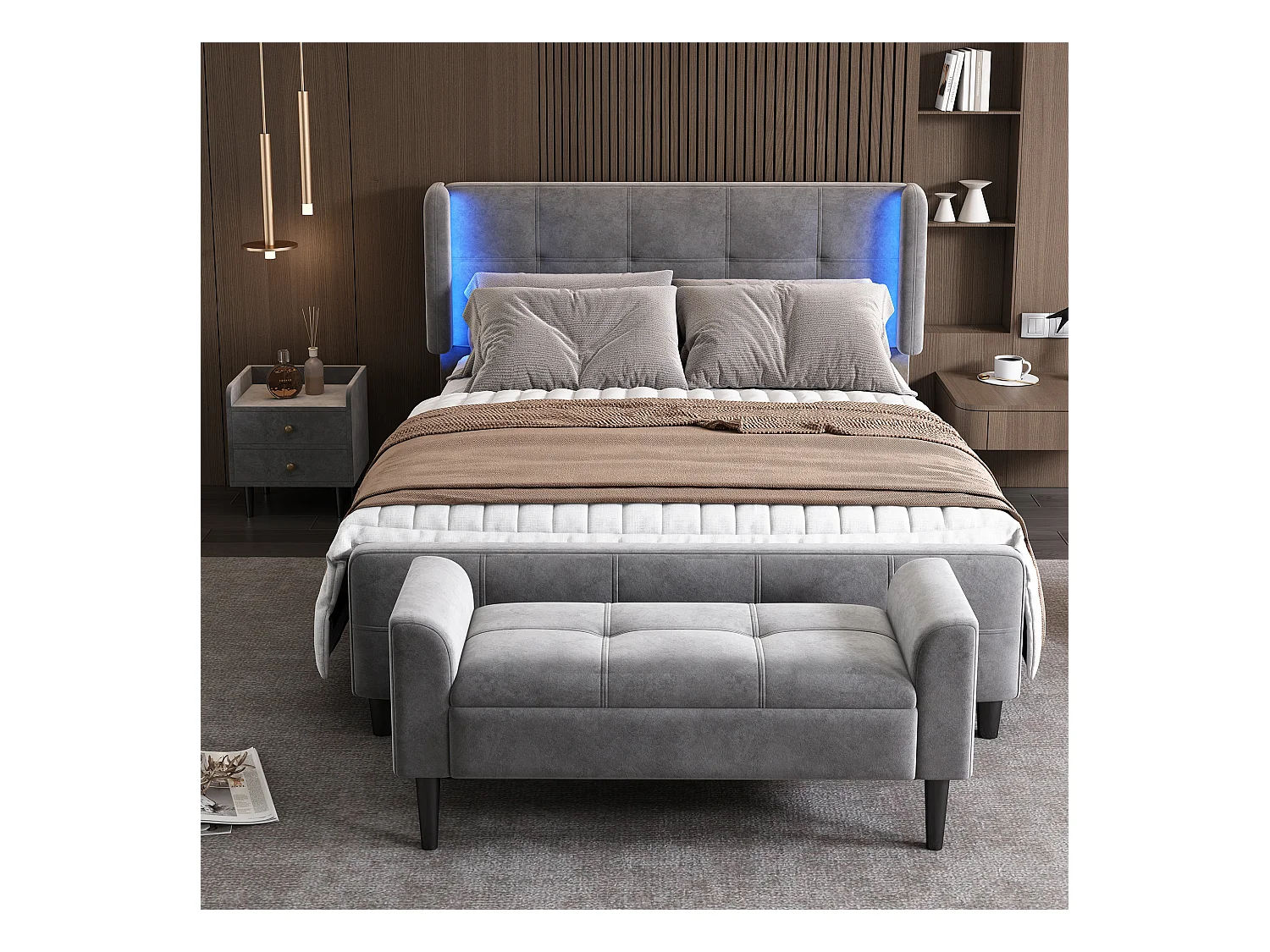 Ensemble lit 140 x 200 cm - tissu velours - table de chevet + bout de lit - sommier à lattes -  coloris : gris