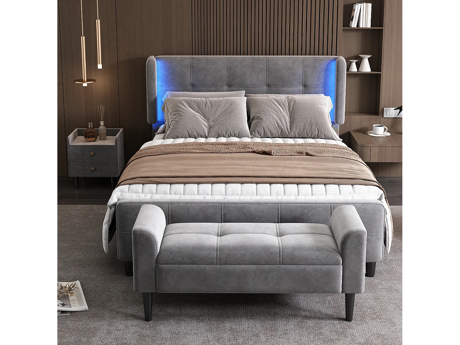 Bedset 140 x 200 cm - fluwelen stof - nachtkastje + voeteneind - lattenbodem - kleur: grijs