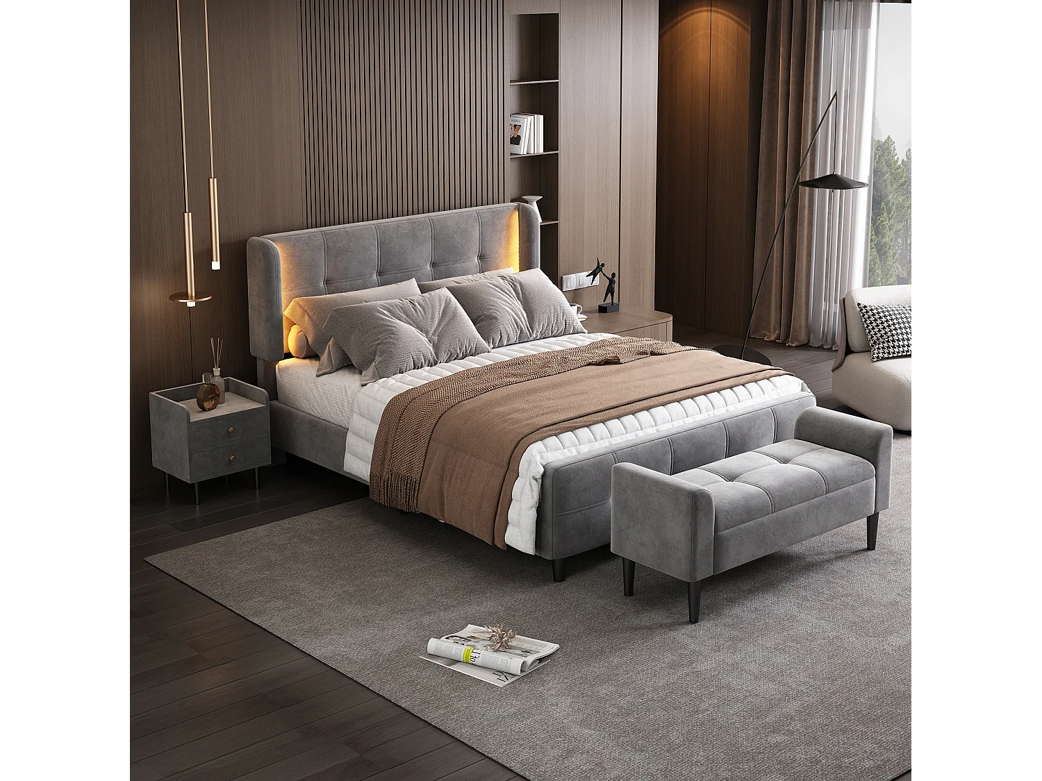 Bedset 140 x 200 cm - fluwelen stof - nachtkastje + voeteneind - lattenbodem - kleur: grijs