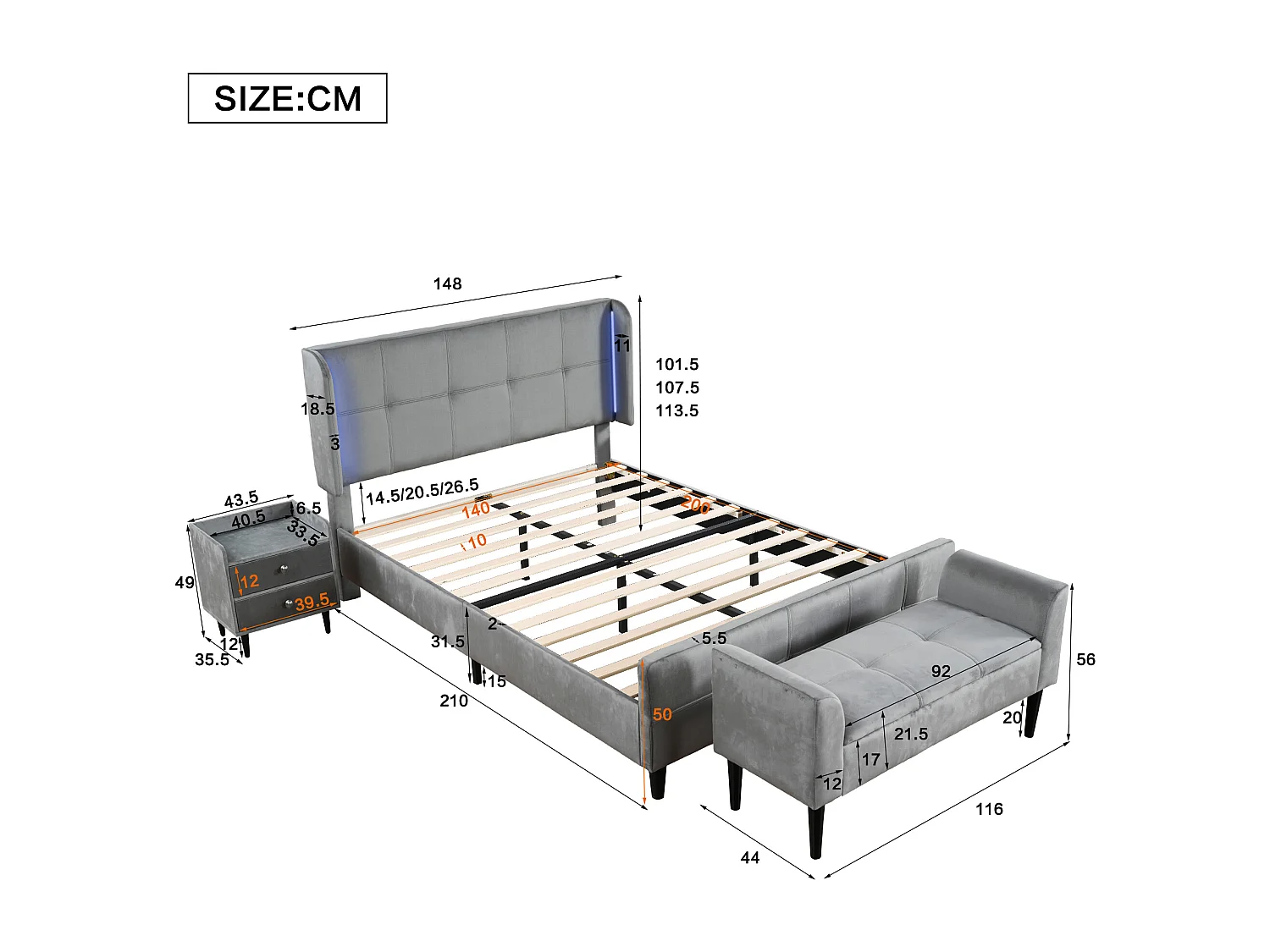 Bedset 140 x 200 cm - fluwelen stof - nachtkastje + voeteneind - lattenbodem - kleur: grijs