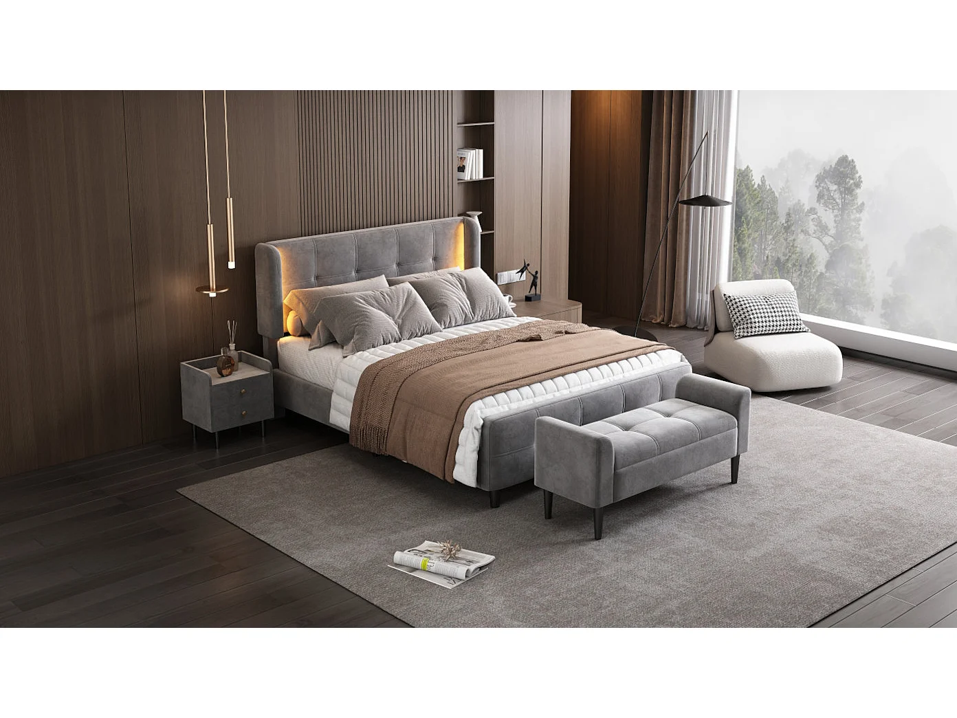 Bedset 140 x 200 cm - fluwelen stof - nachtkastje + voeteneind - lattenbodem - kleur: grijs