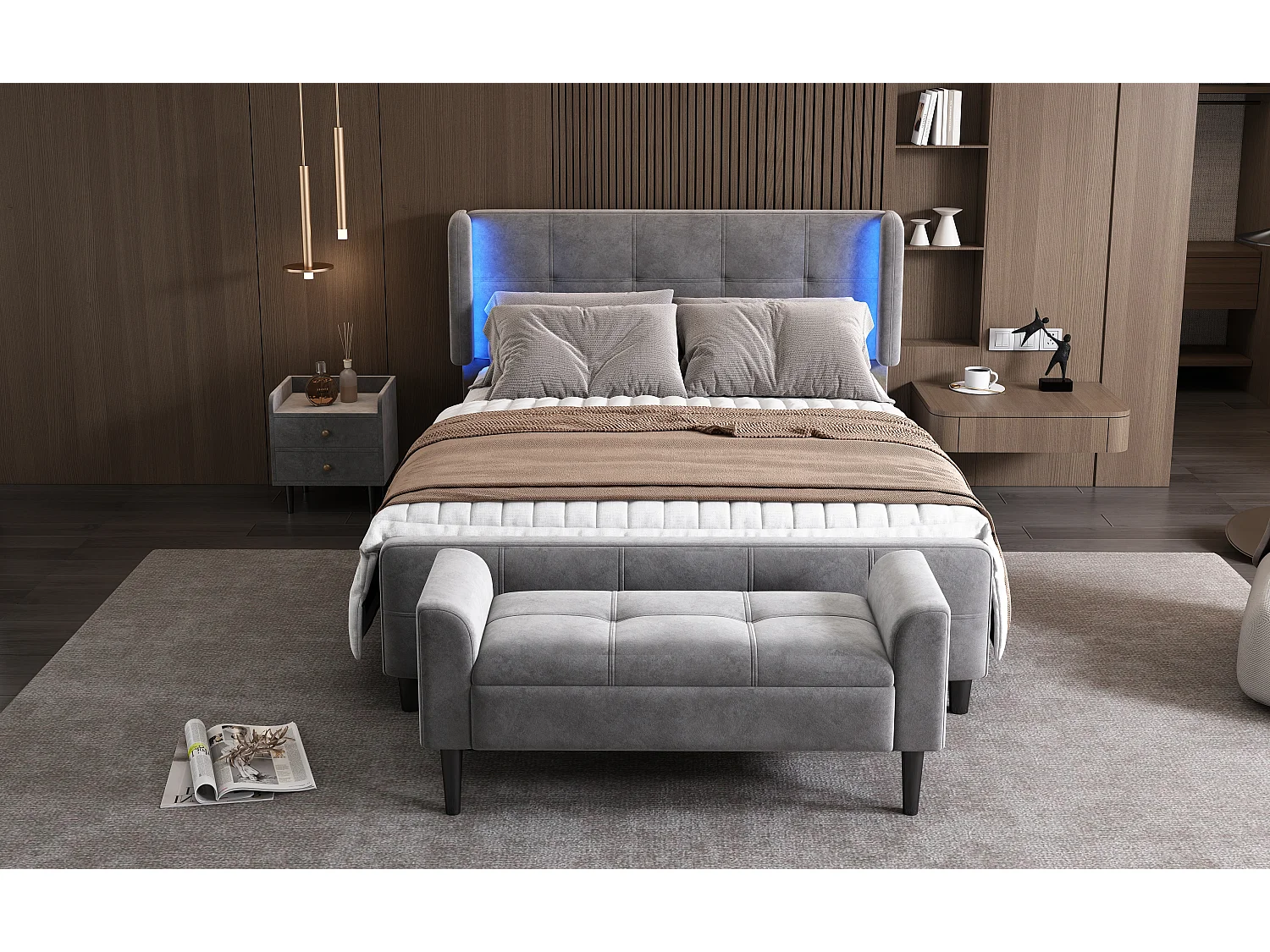 Bedset 140 x 200 cm - fluwelen stof - nachtkastje + voeteneind - lattenbodem - kleur: grijs