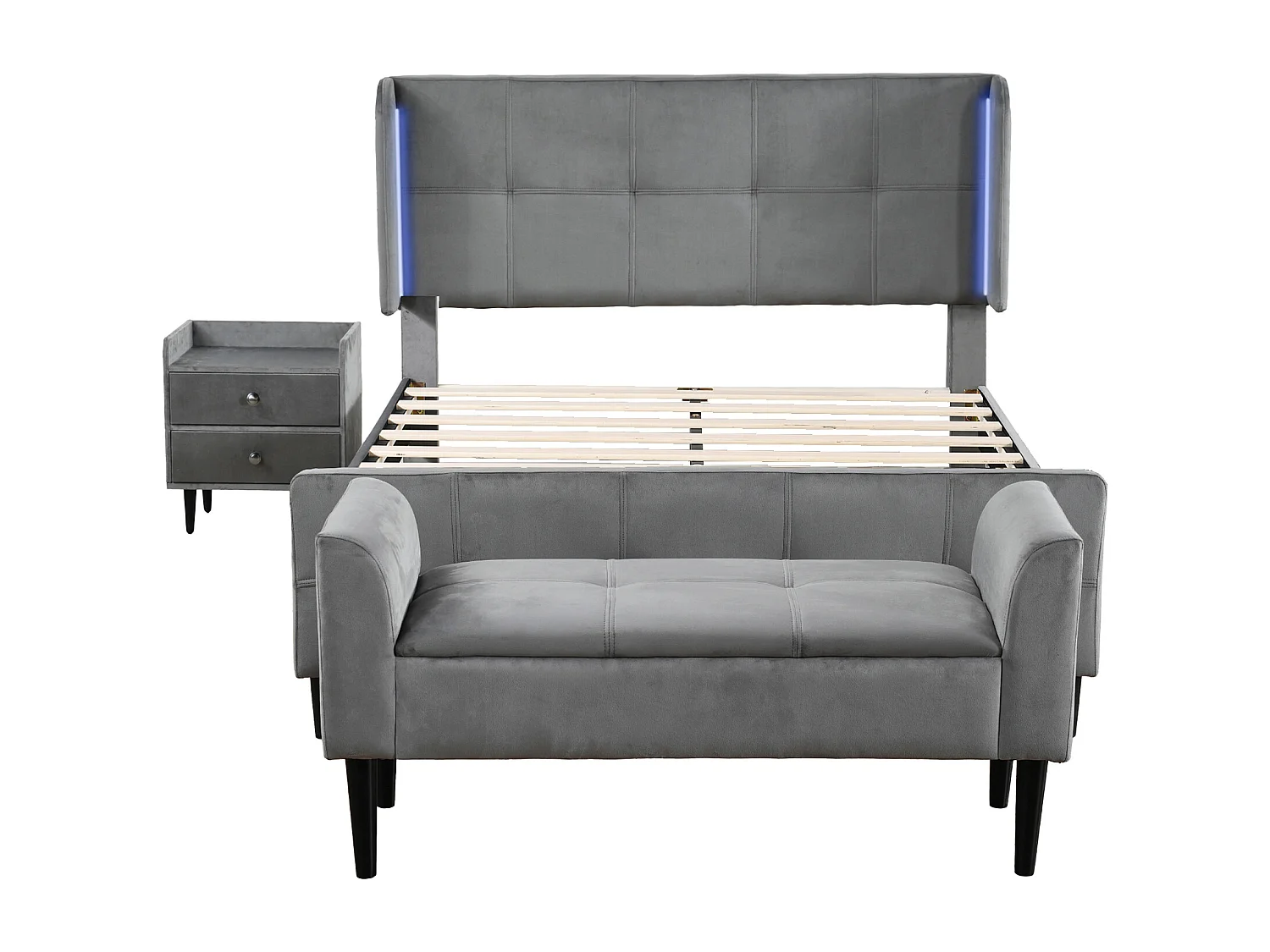 Bedset 140 x 200 cm - fluwelen stof - nachtkastje + voeteneind - lattenbodem - kleur: grijs