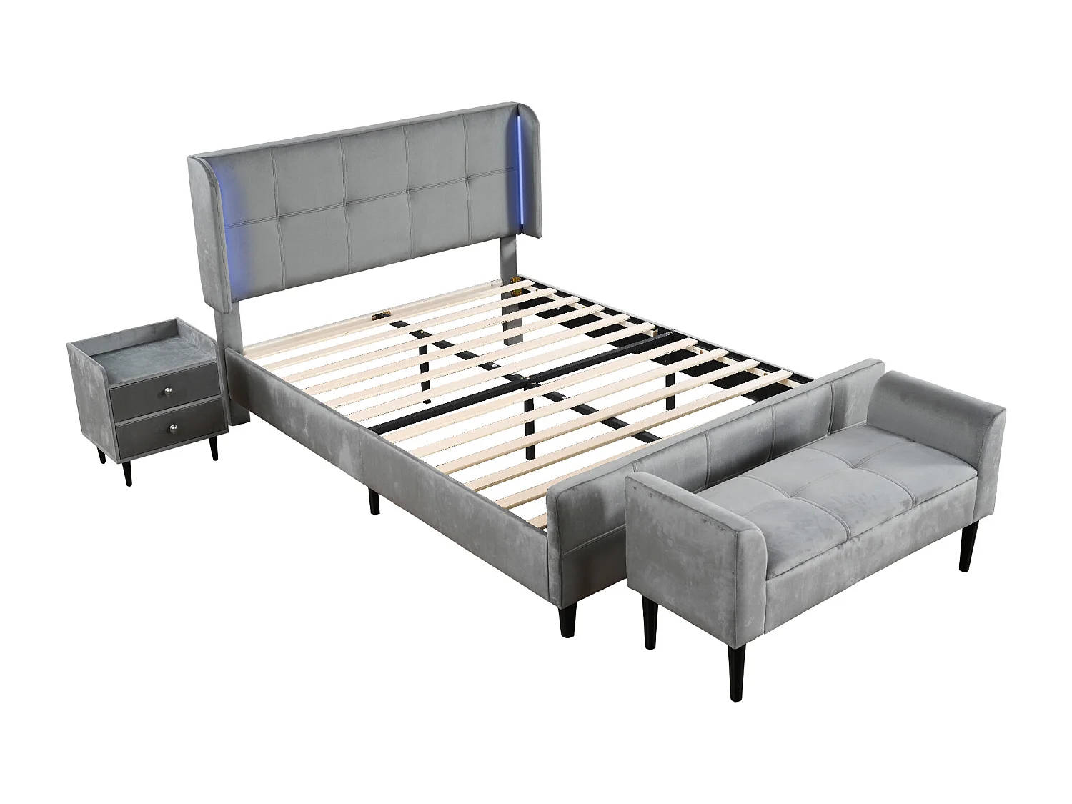 Bedset 140 x 200 cm - fluwelen stof - nachtkastje + voeteneind - lattenbodem - kleur: grijs