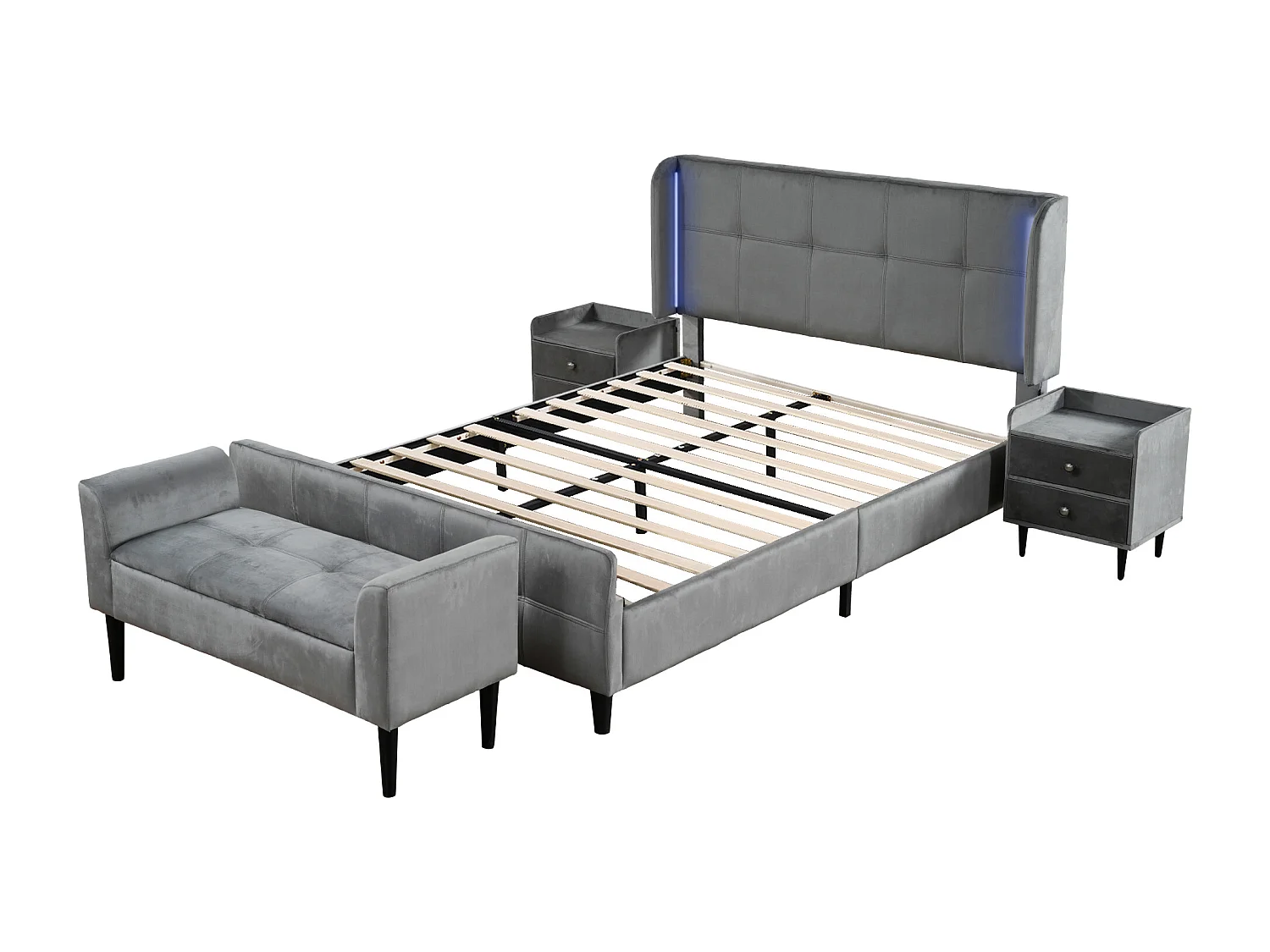 Bedset 140 x 200 cm - fluwelen stof - nachtkastje + voeteneind - lattenbodem - kleur: grijs