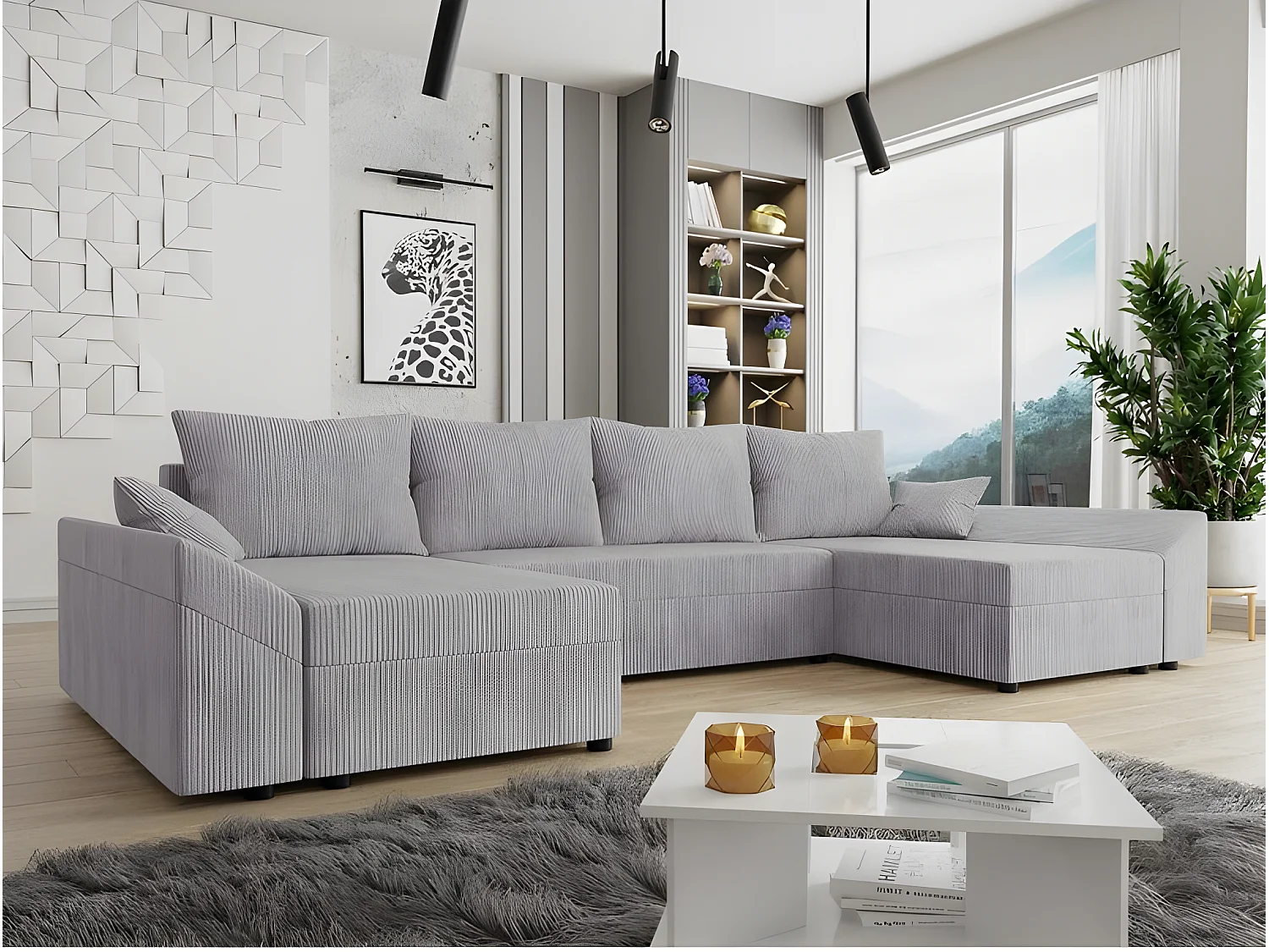 Canapé d'angle panoramique DANY en U en velours côtelé gris