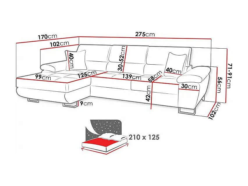 Canapé d'angle Comfivo 192, Gris, Fonction de couchage, Boîte de literie, 275x170x71cm