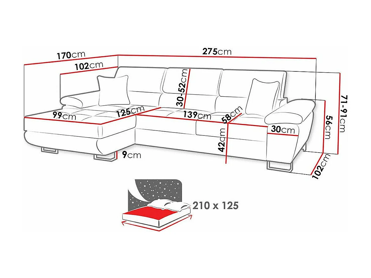 Canapé d'angle Comfivo 192, Gris, Fonction de couchage, Boîte de literie, 275x170x71cm