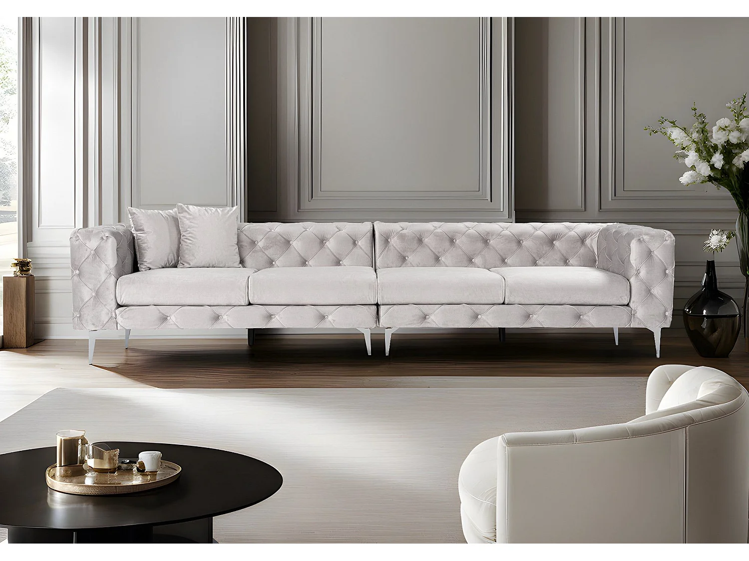 Canapé capitonné 4 places Alykes Velours Gris clair