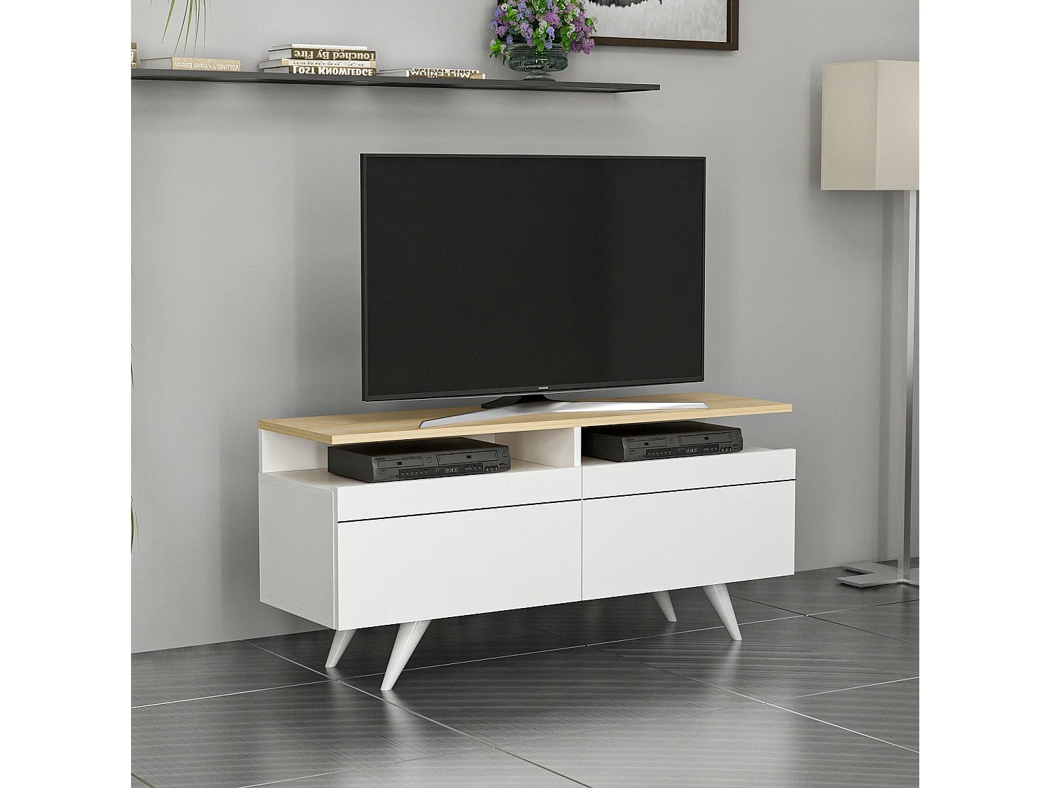 Mesa de tv Kailua 954, Roble|Blanco, Número de puertas: 2.00, 120x52x35cm