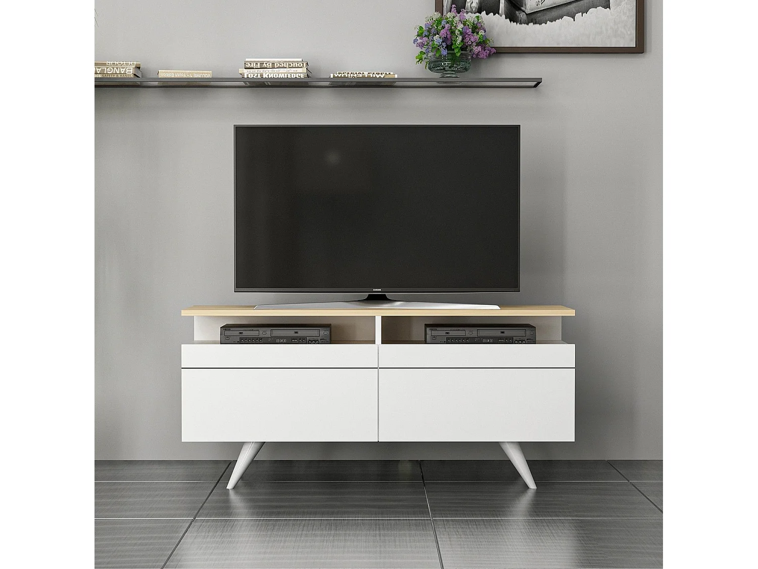 TV-Ständer – 120 cm x 52 cm x 35 cm – Eiche und Weiß – Spanplatte