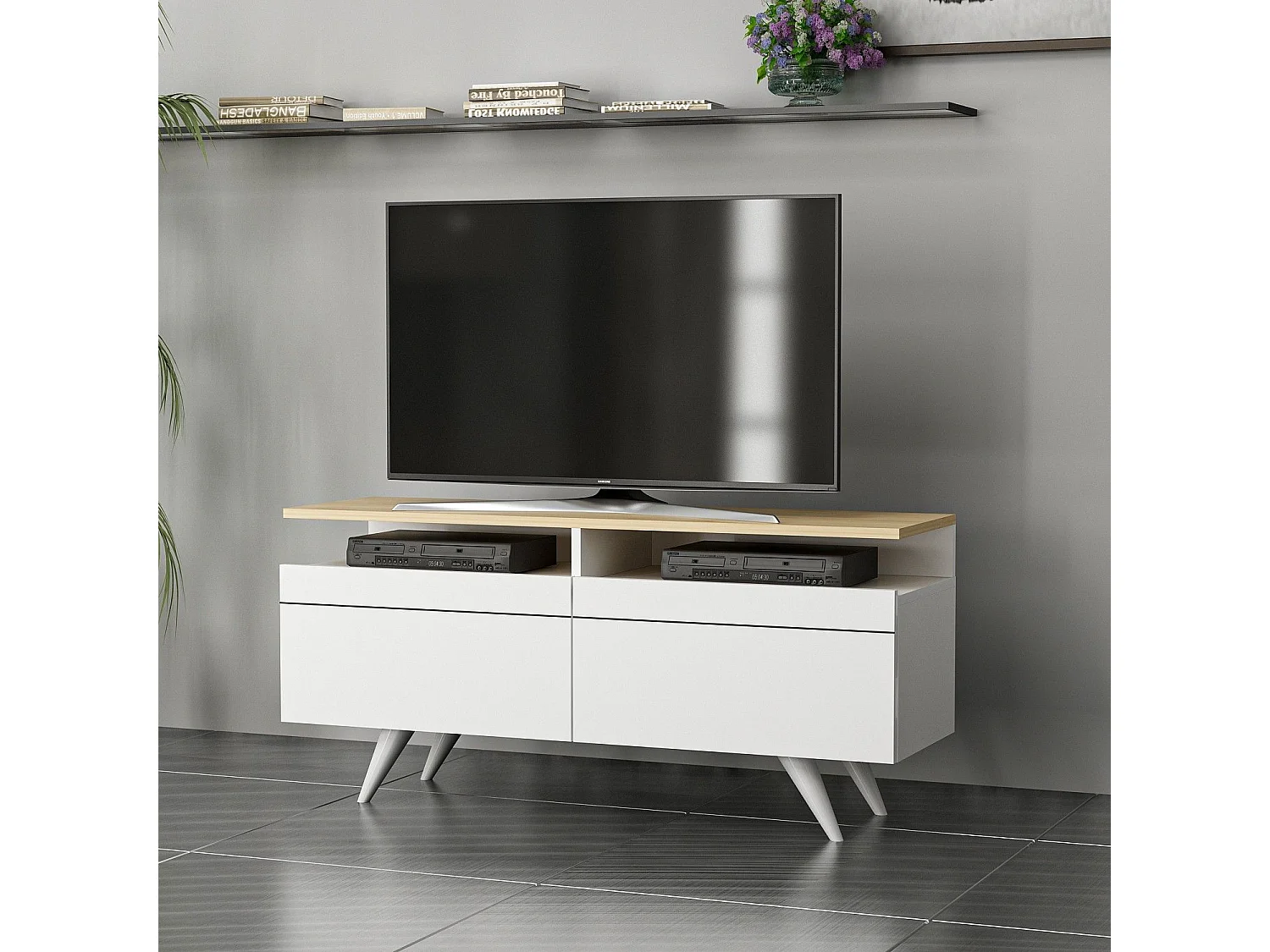 TV-Ständer – 120 cm x 52 cm x 35 cm – Eiche und Weiß – Spanplatte