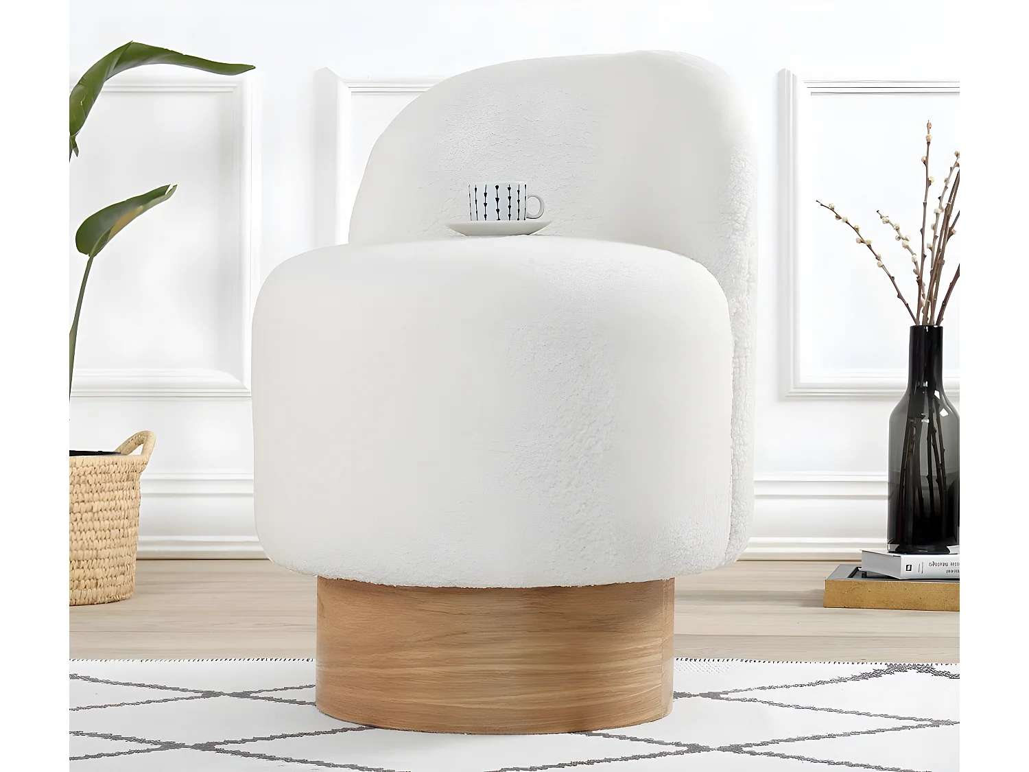 Pouf design Sada Bois clair et Tissu bouclette Blanc