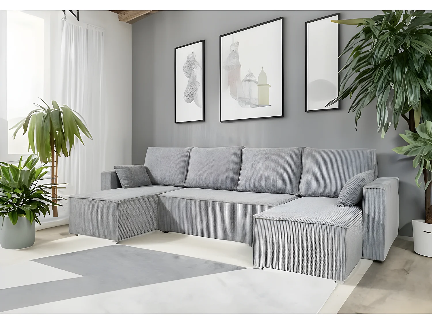 Canapé convertible en U ANAFI en velours côtelé gris
