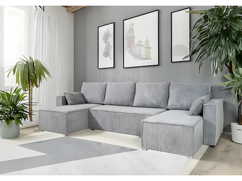 Canapé convertible en U ANAFI en velours côtelé gris