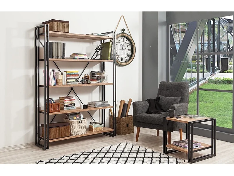 Bibliothèque 130 cm et table d'appoint 50 cm FIX bois et métal noir