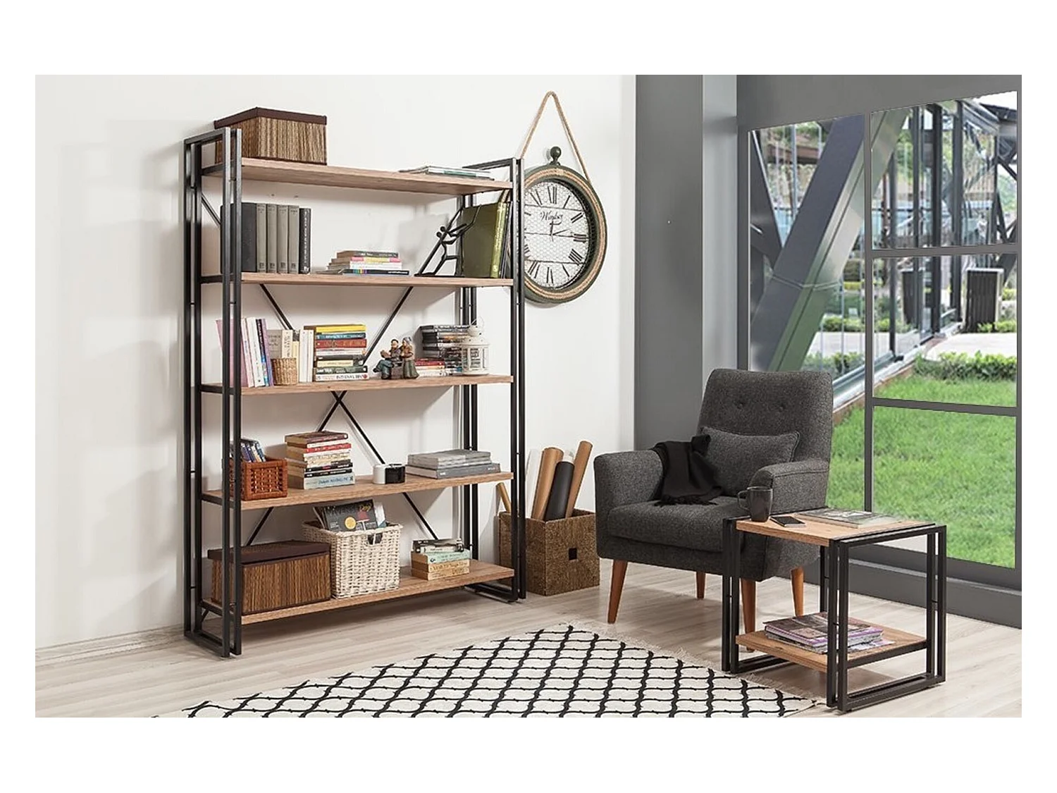 Bibliothèque 130 cm et table d'appoint 50 cm FIX bois et métal noir
